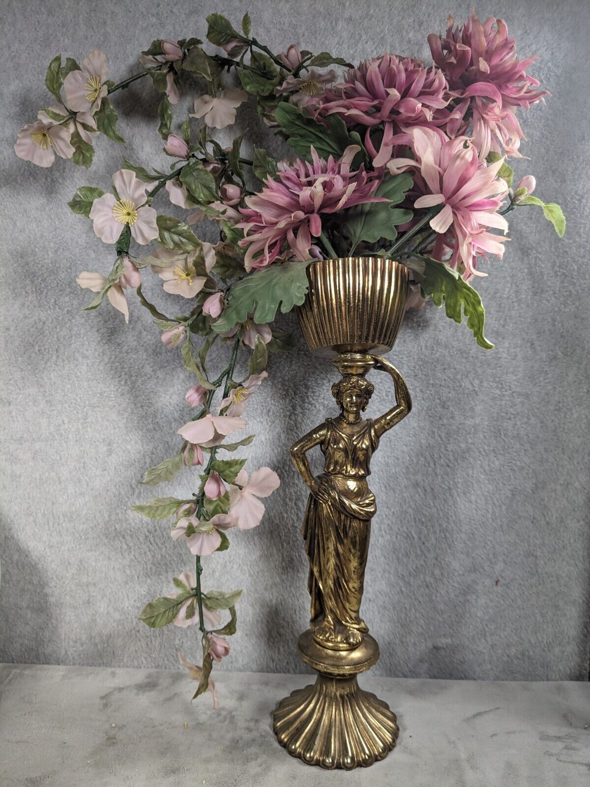 Antique French Woman 19th Century Bronze Vase with Fake Flowers