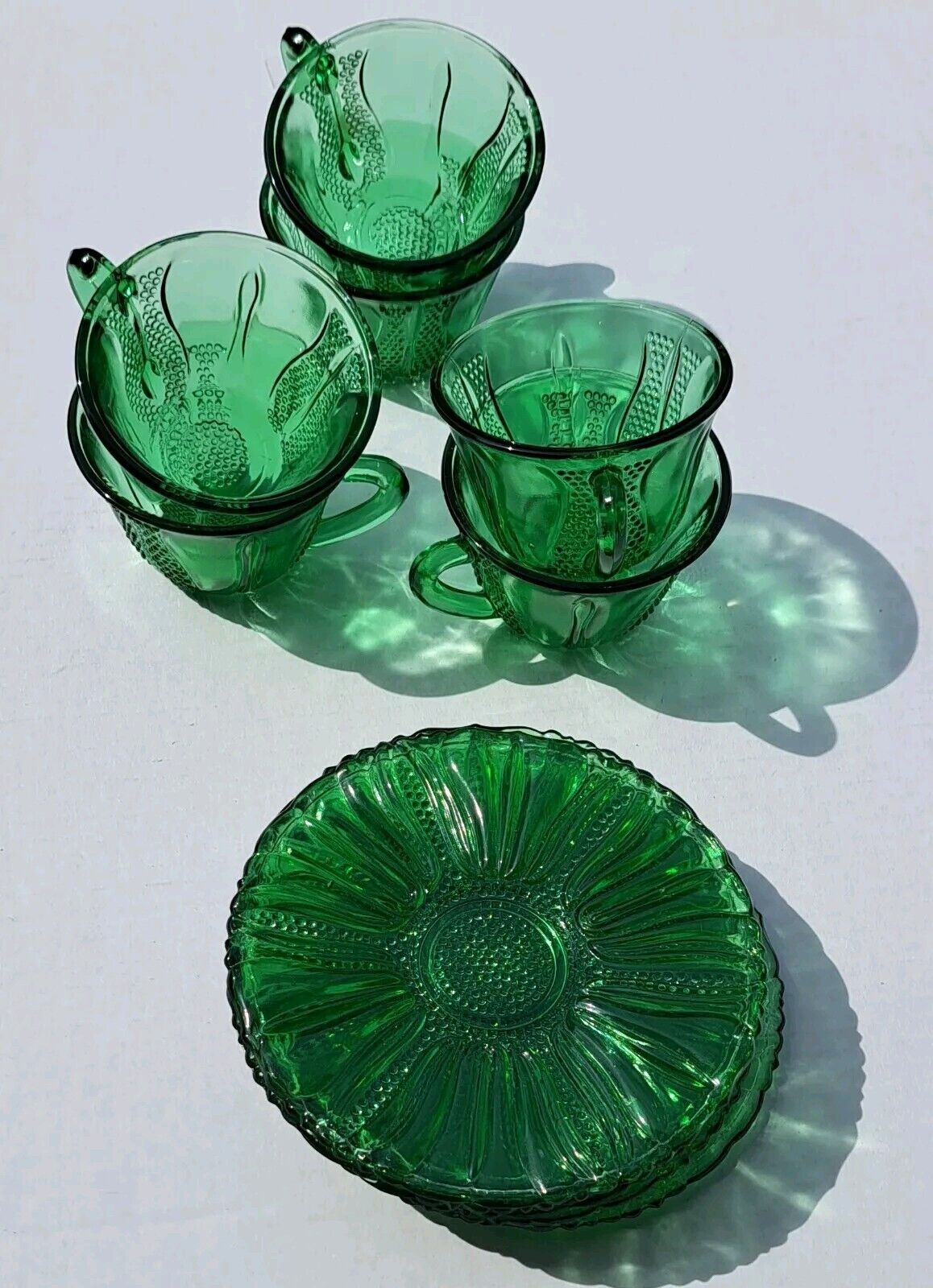 Vtg 6 Cups and Saucers Emerald Green and Display