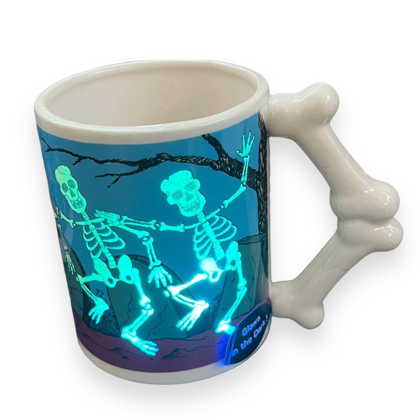 Vintage NOS Applause Halloween Coffee Mug Skeleton Glow in the Dark Bone Handle