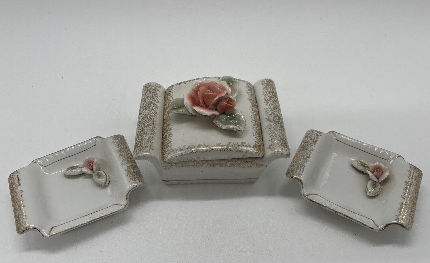 Vintage Vanity Box Trinket Dishes White Pink with Roses Made in Japan No Marking