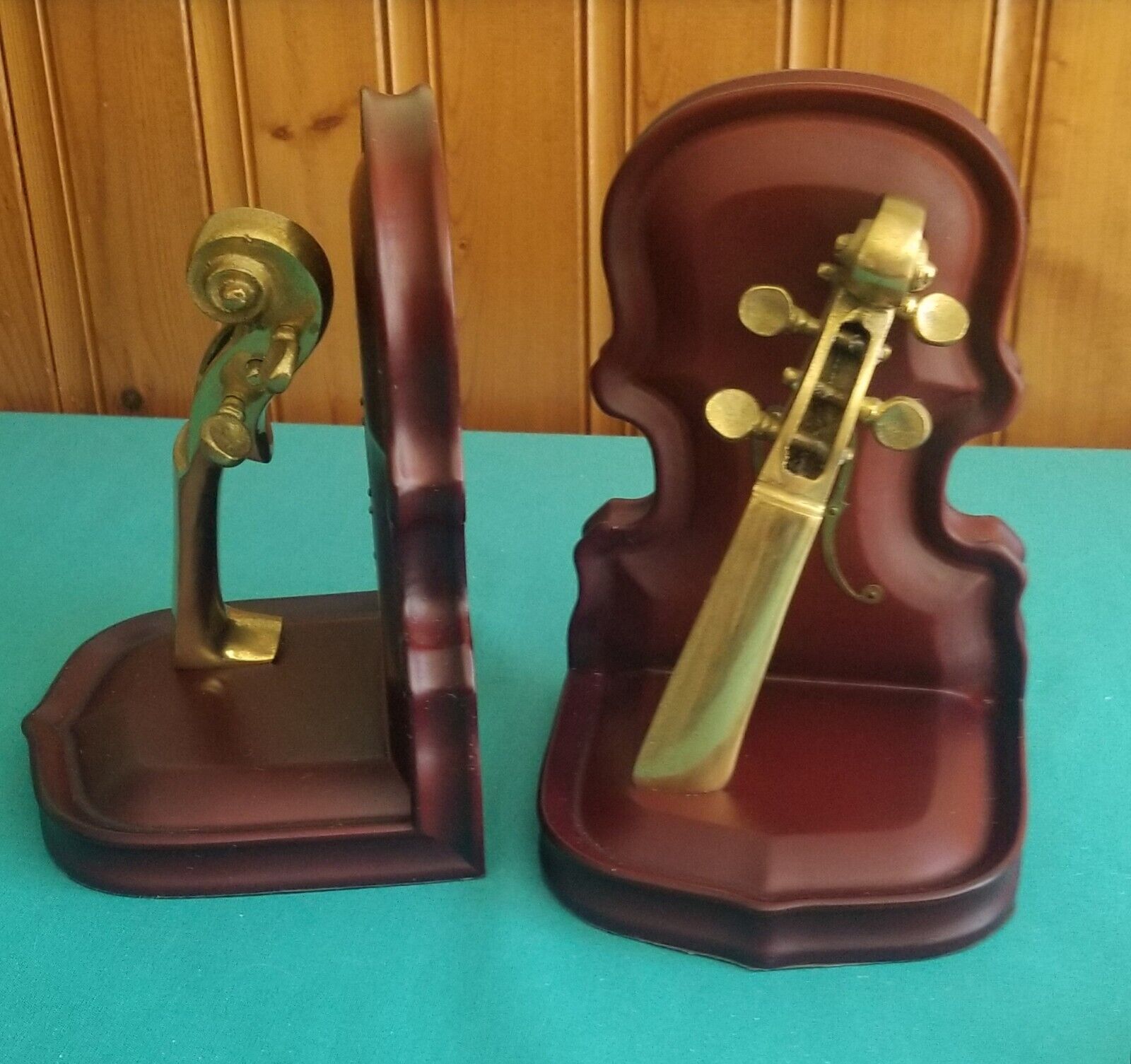 Vintage Wood Solid Brass Violin Viola Scroll Bookends Korea Musical Instrument 