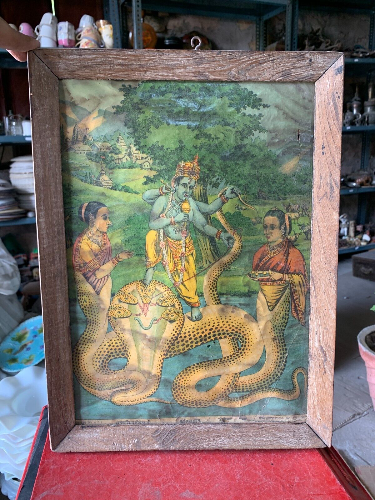1920's Vintage Lord Krishna Defeating Kaliya Serpent Lithograph Print Framed