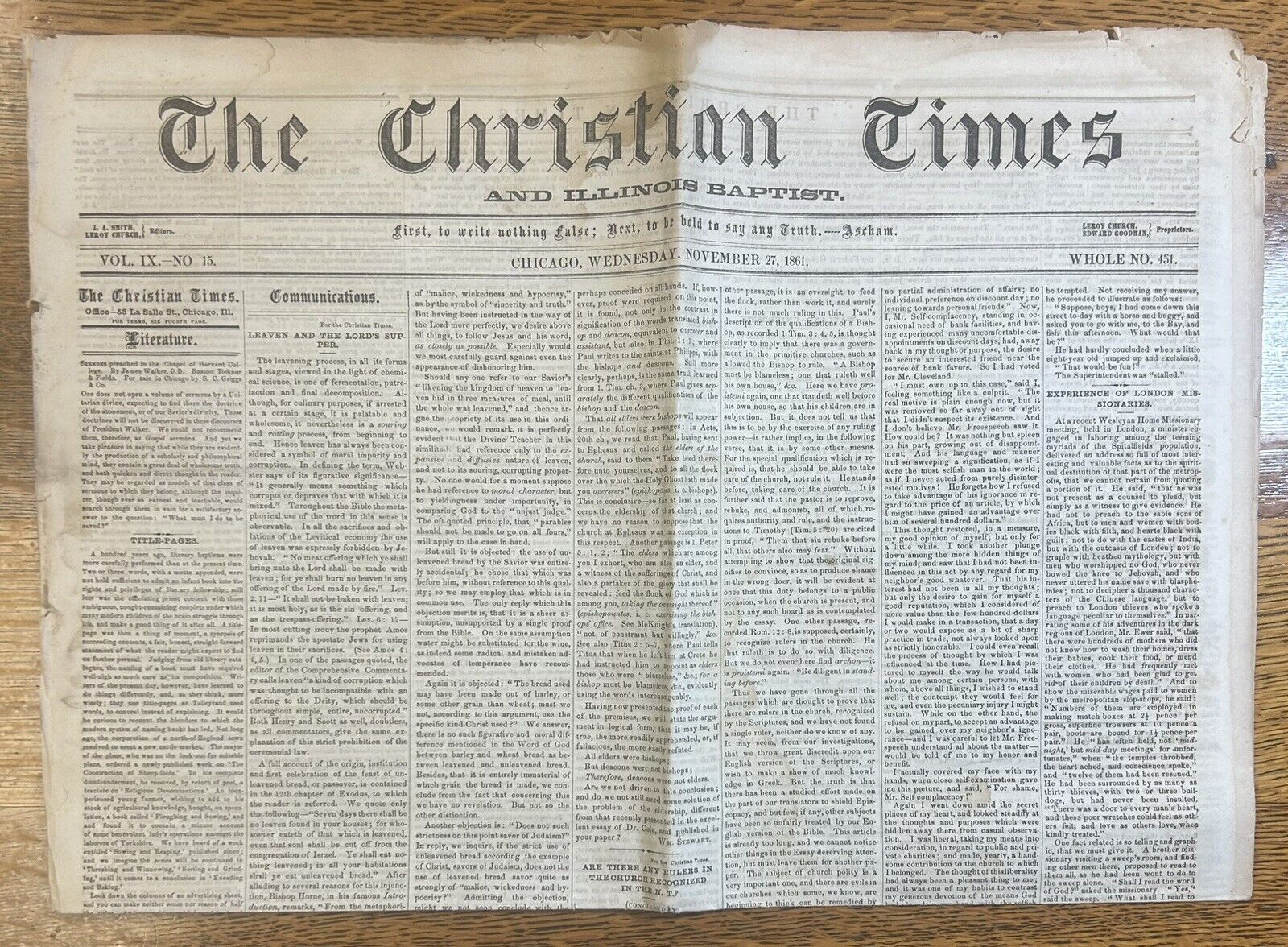 Civil War Era Newspaper, The Christian Times 1861, Vol. IX No 15 Antique Chicago