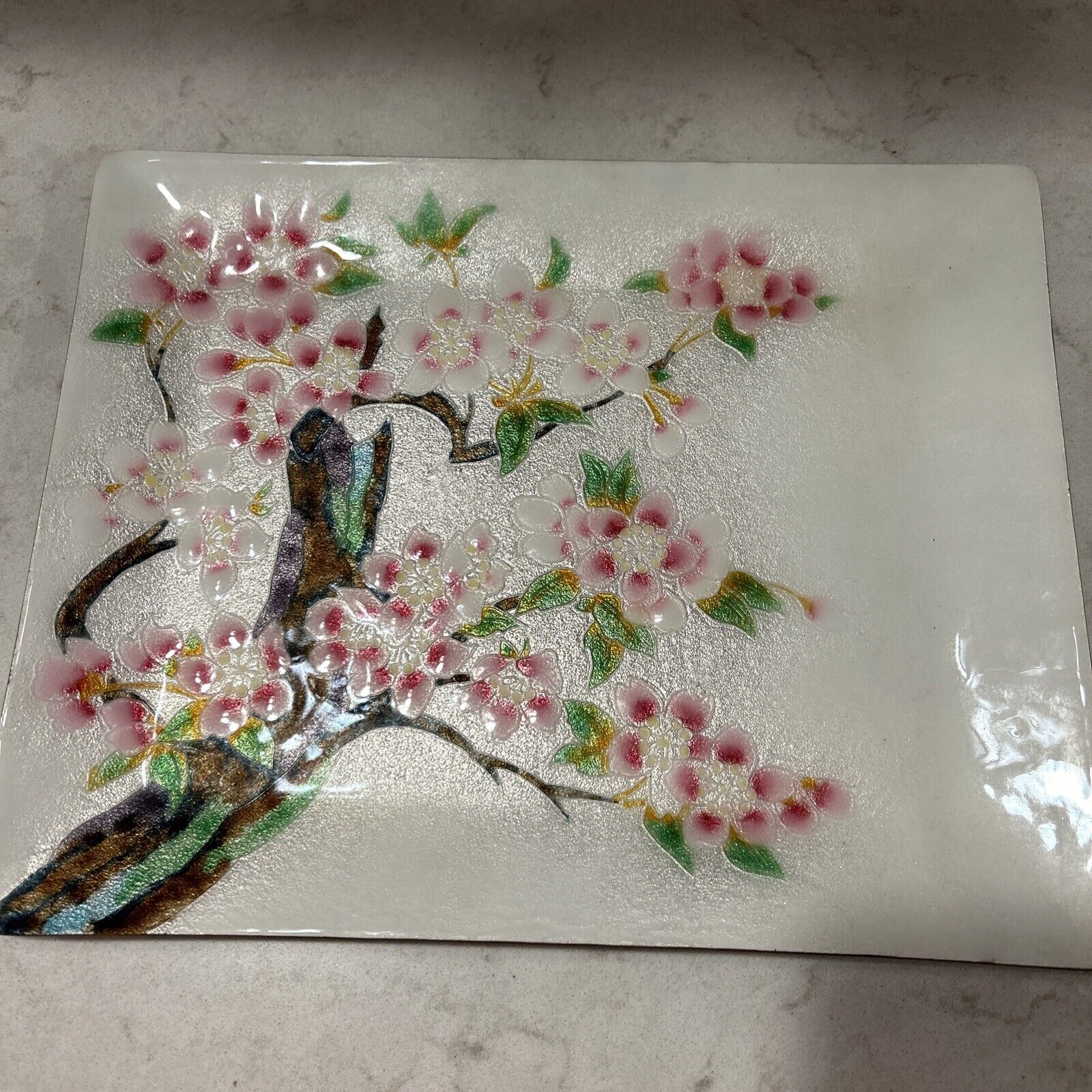 Pink Cherry Blossoms Japanese Enamel On Copper Plate Tray Vintage