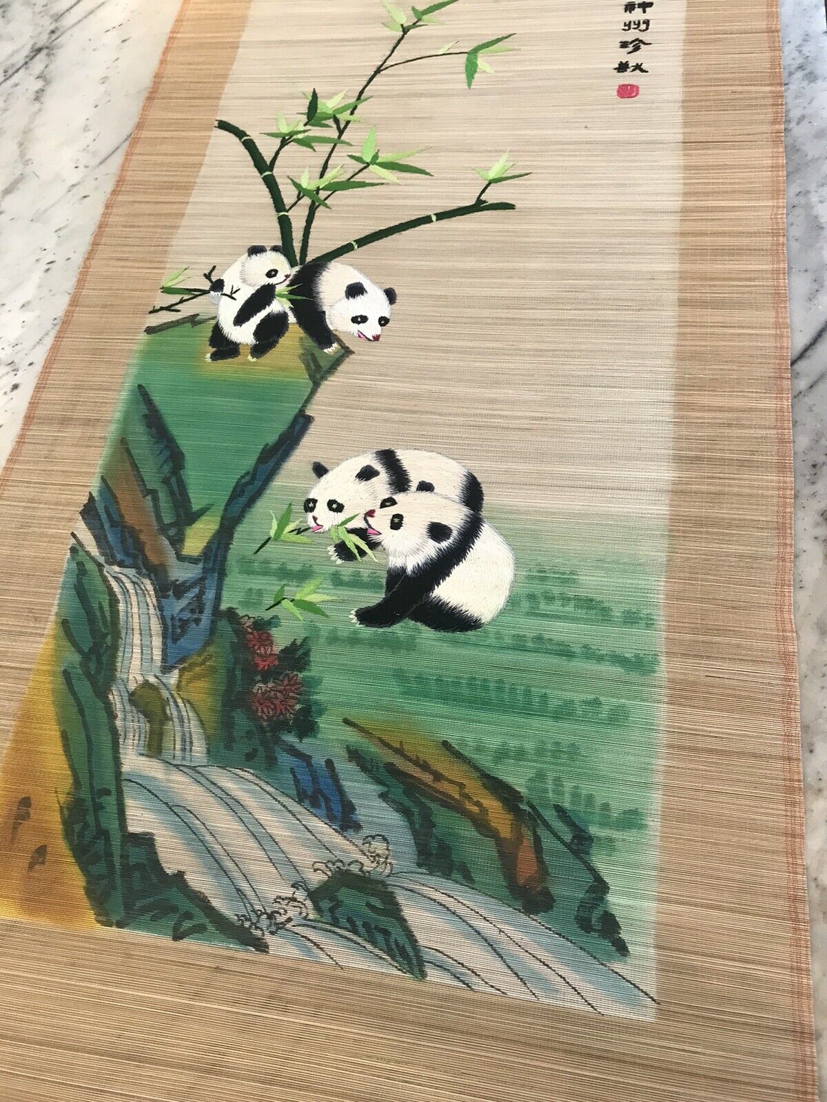 Vintage Taiwanese Hand-Painted & Crewel Stitched Panda Scroll, Oriental Bambo