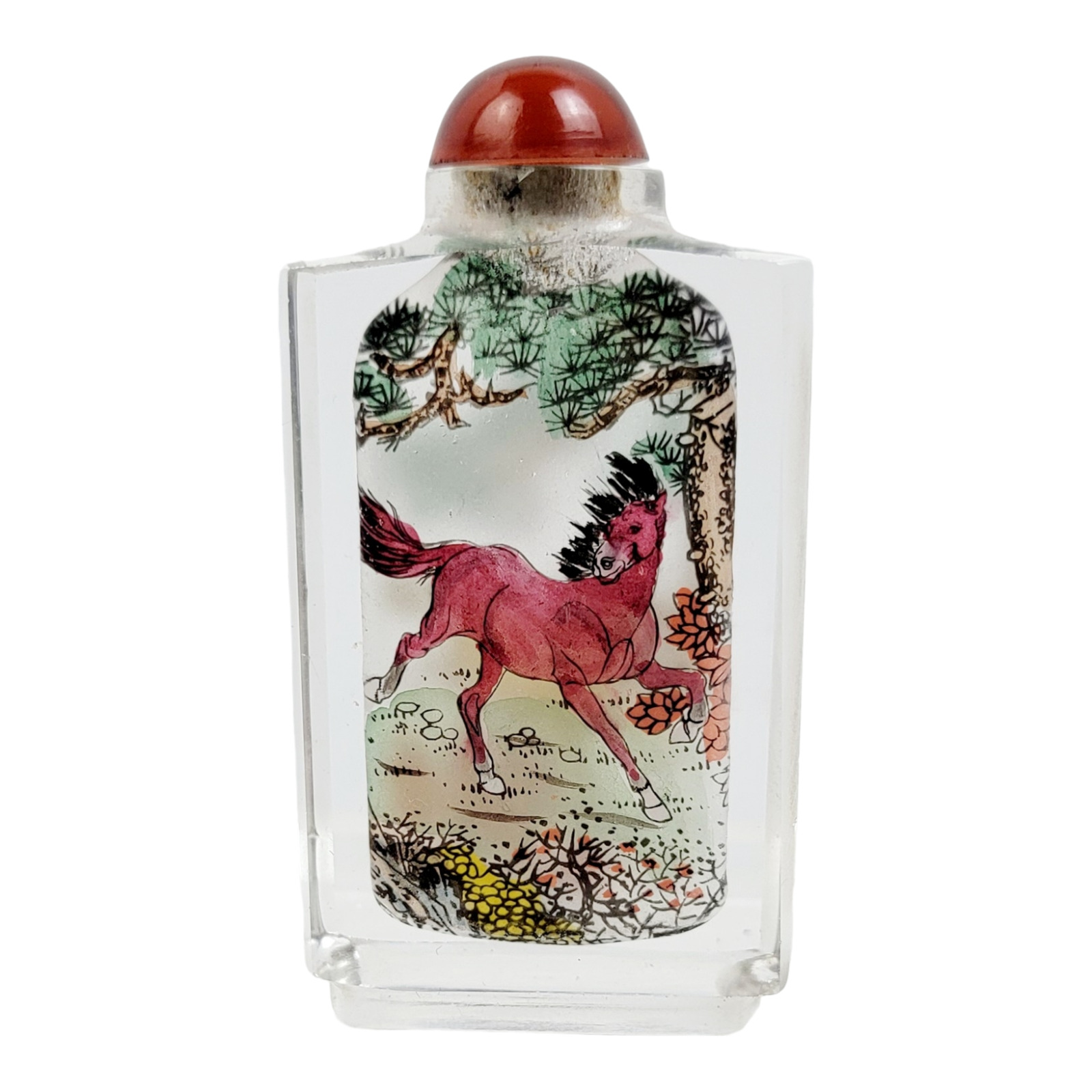 Impressive Vintage Chinese Reverse Painted Horses Two Sided Glass Snuff Bottle A