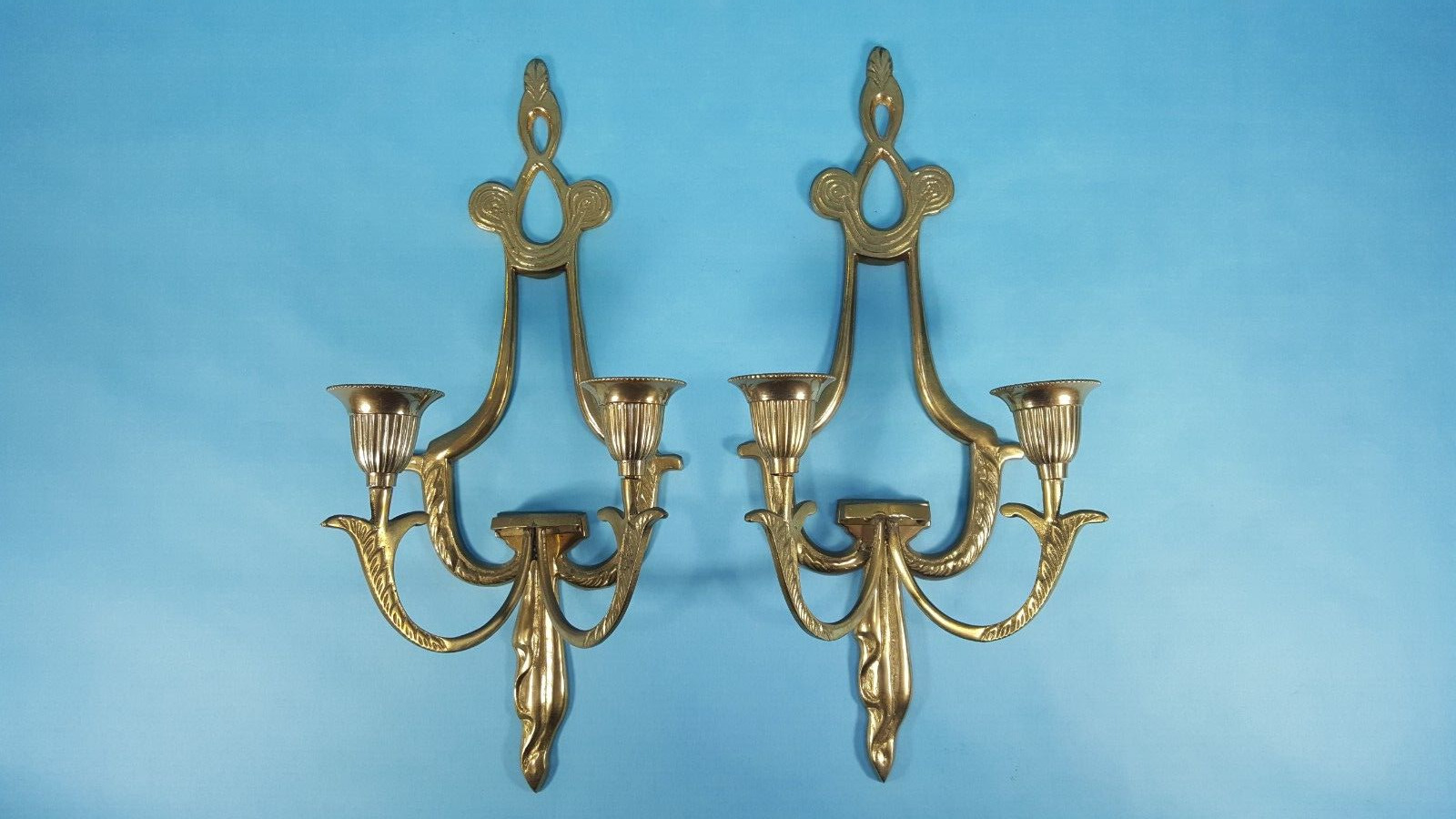 Vintage Pair of  Solid Brass Double Arm Wall Sconce Candle Holders 14\