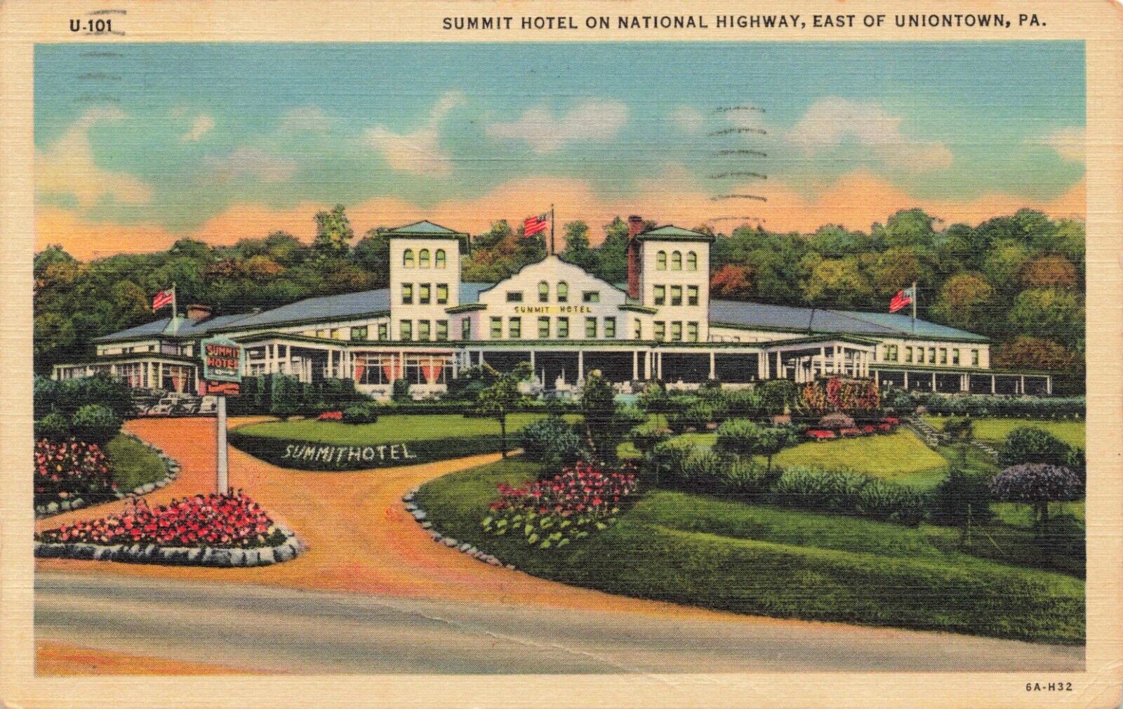 Postcard Summit Hotel on National Highway East of Uniontown Pennsylvania PA 1939