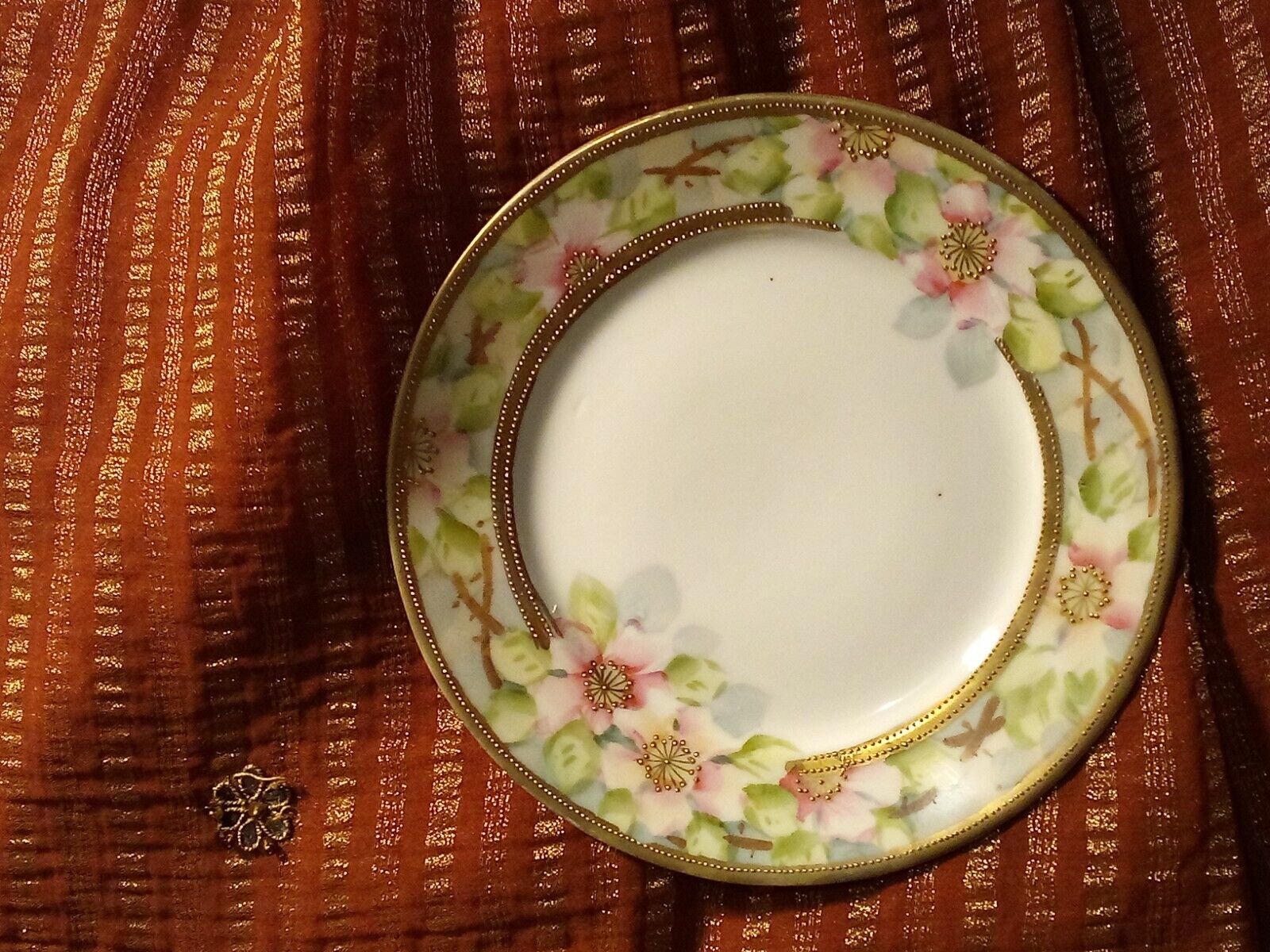 Porcelain antique Nippon moriage cake plate dish pink roses cherry blossoms gold