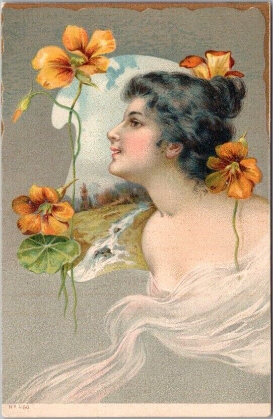 c1900s Pretty Lady / Flower Greetings Postcard Art Nouveau / Undivided Back