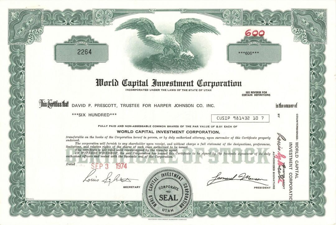 World Capital Investment Corp. - Stock Certificate - General Stocks