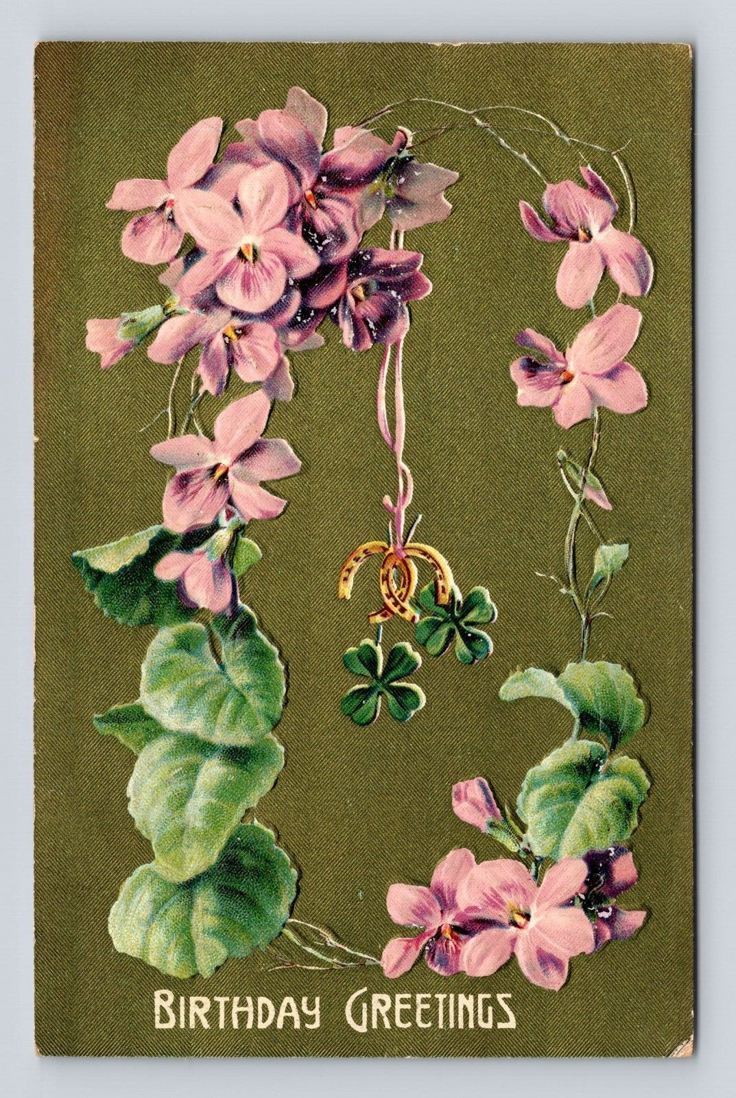 Embossed Antique Postcard Birthday Greetings Pink Flowers Horseshoes Old 1908