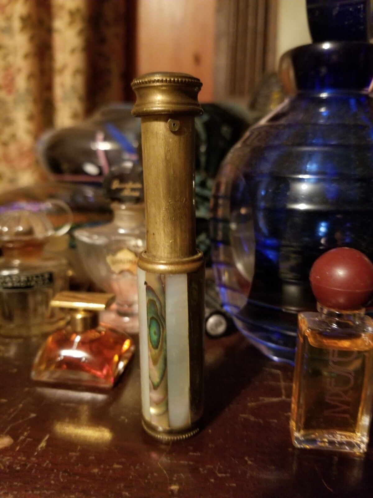 Antique French Portable Perfume Atomizer Brass Mother Of Pearl