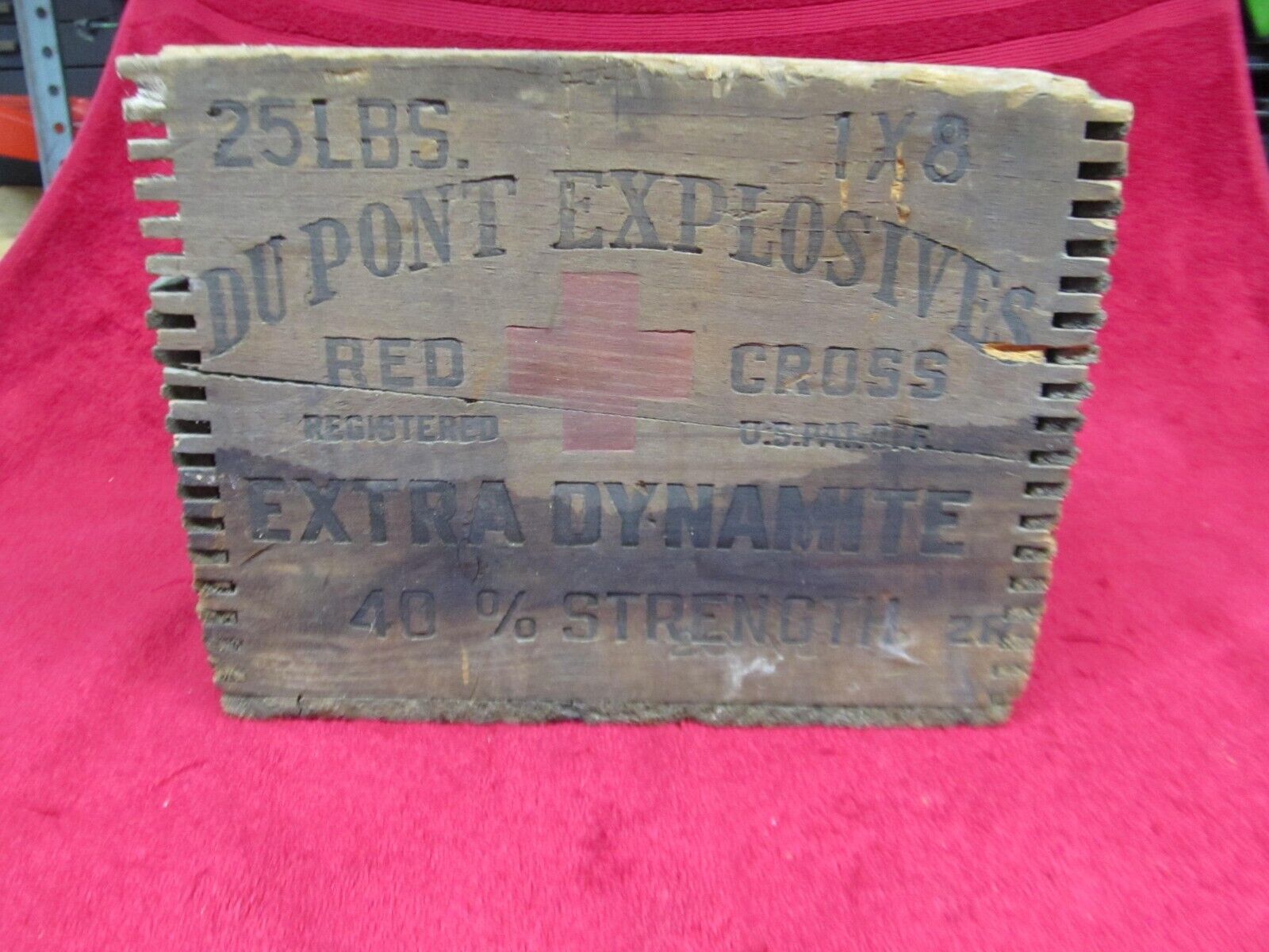 Antique Wooden Dovetail Crate DuPont Explosives Red Cross 40% Extra Dynamite
