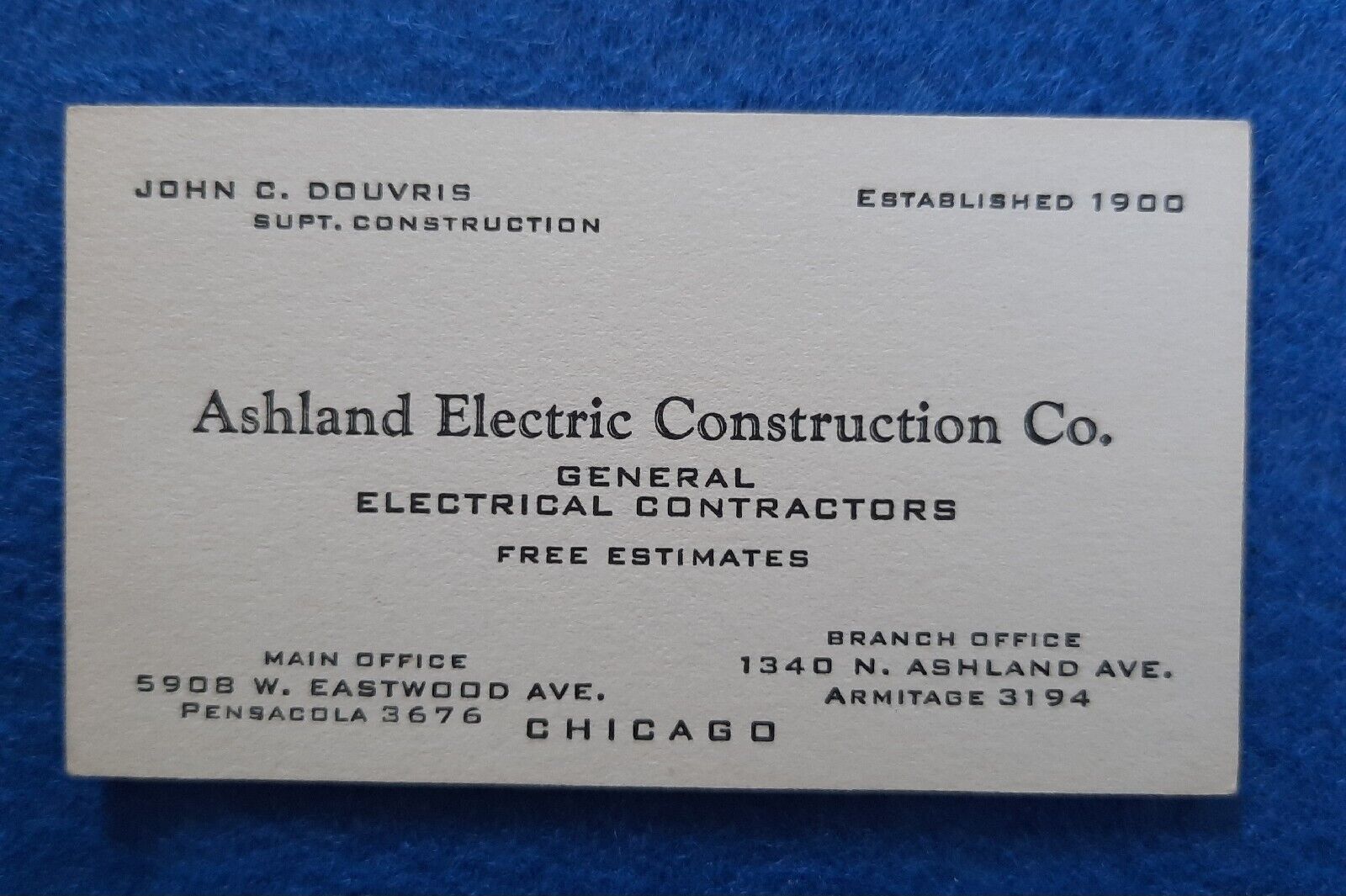 c. 1940 Business Card Ashland Electric Construction Co. John C Douvris Chicago
