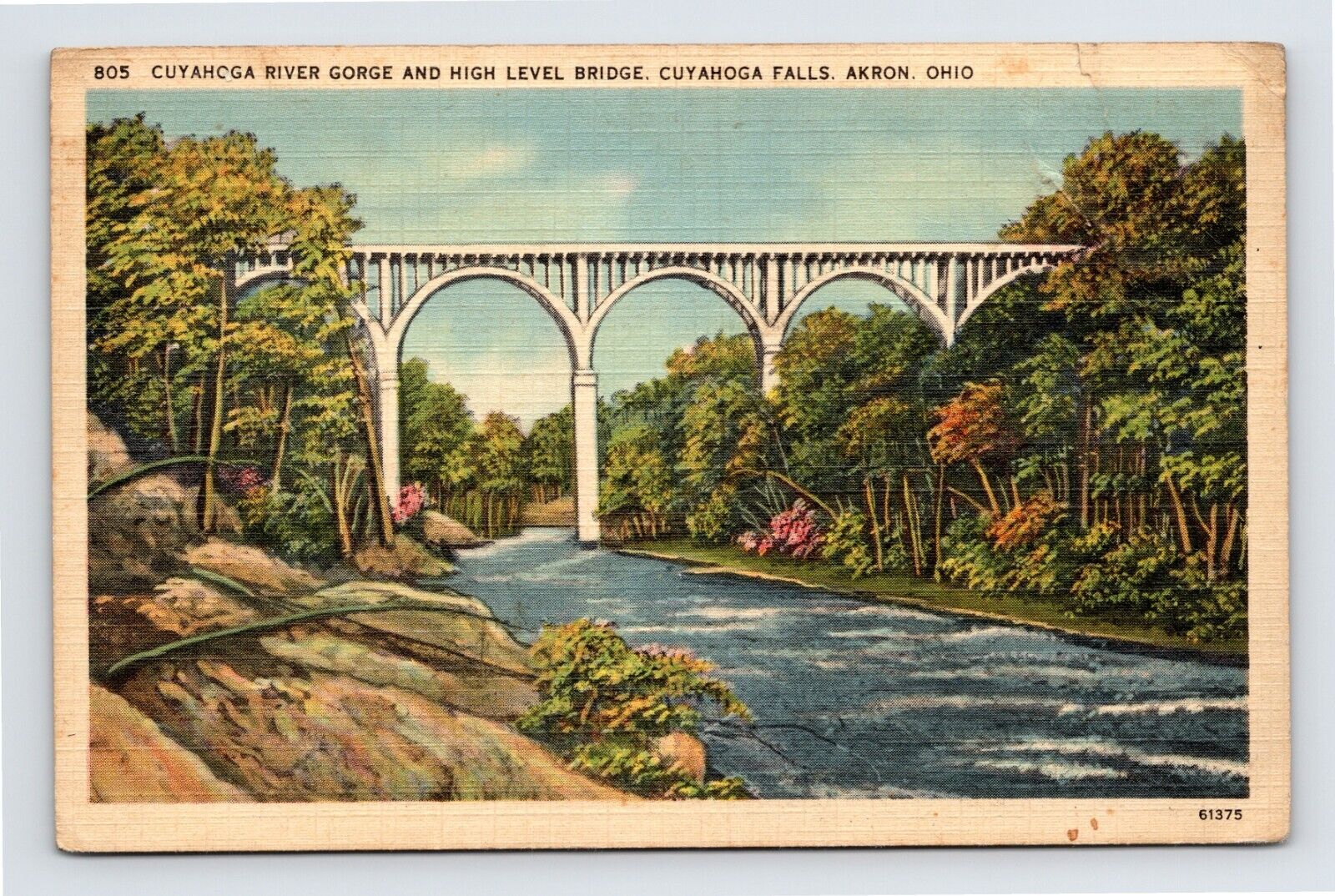 Cuyahoga River Gorge High Level Bridge Akron Ohio Linen Postcard Unposted