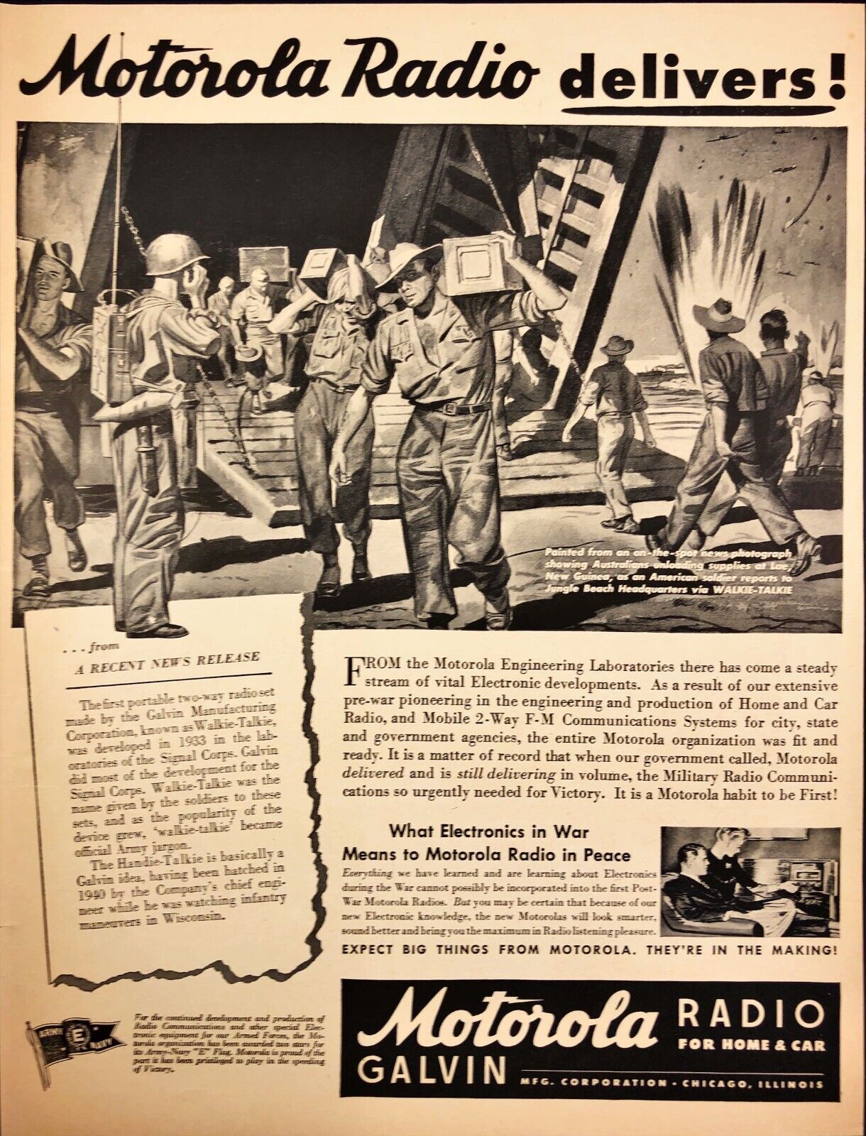 1943 Motorola Radio Galvin Australians in New Guinea WWII Vintage Print Ad