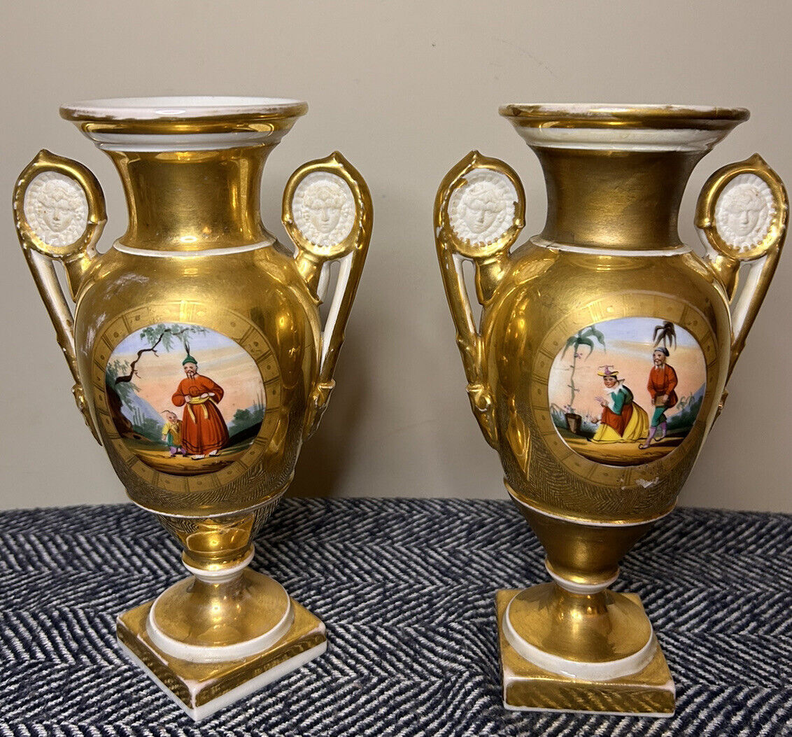 Original Antique 19th Paris Porcelain Vases (2) Handles Rare 1810-1820 RARE