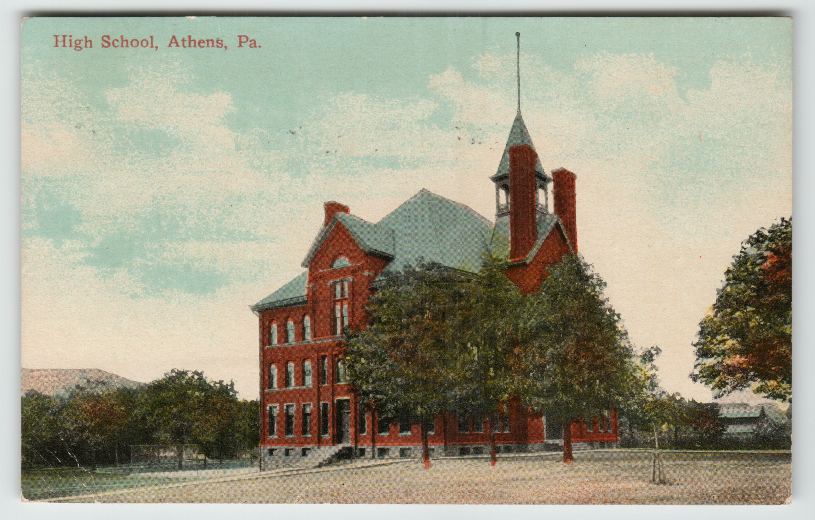Postcard Vintage 1915 High School in Athens, PA