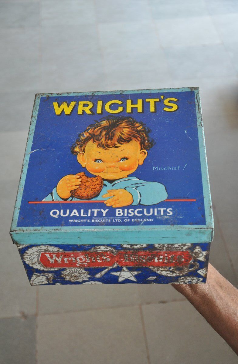 Vintage Wright's Mischief quality Biscuits Ad Litho Tin Box , England
