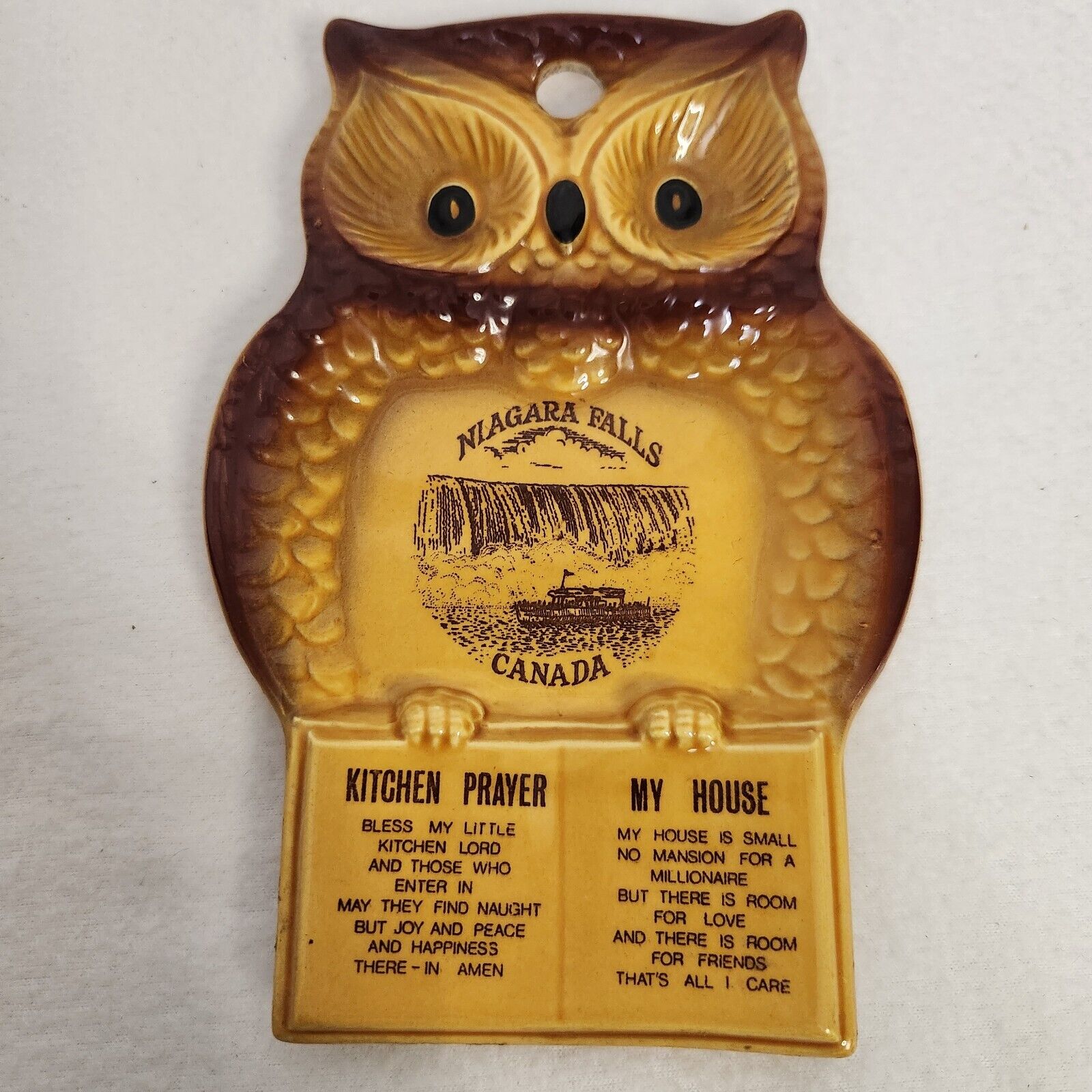 Vintage 60s Souvenir Stoneware Owl Kitchen Prayer My House Niagara Falls Canada