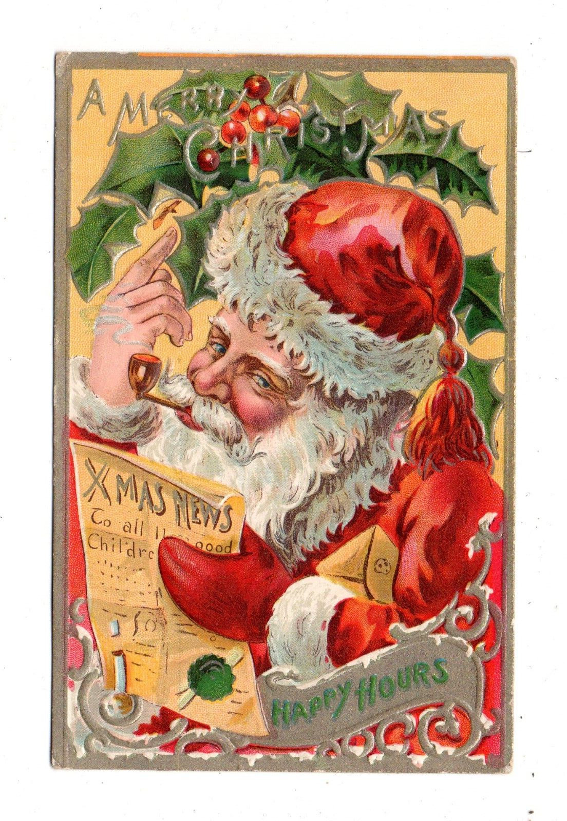 EMBOSSED SANTA IN RED WITH PIPE READING A NEWSPAPERl SILVER BORDER ~ used 1911