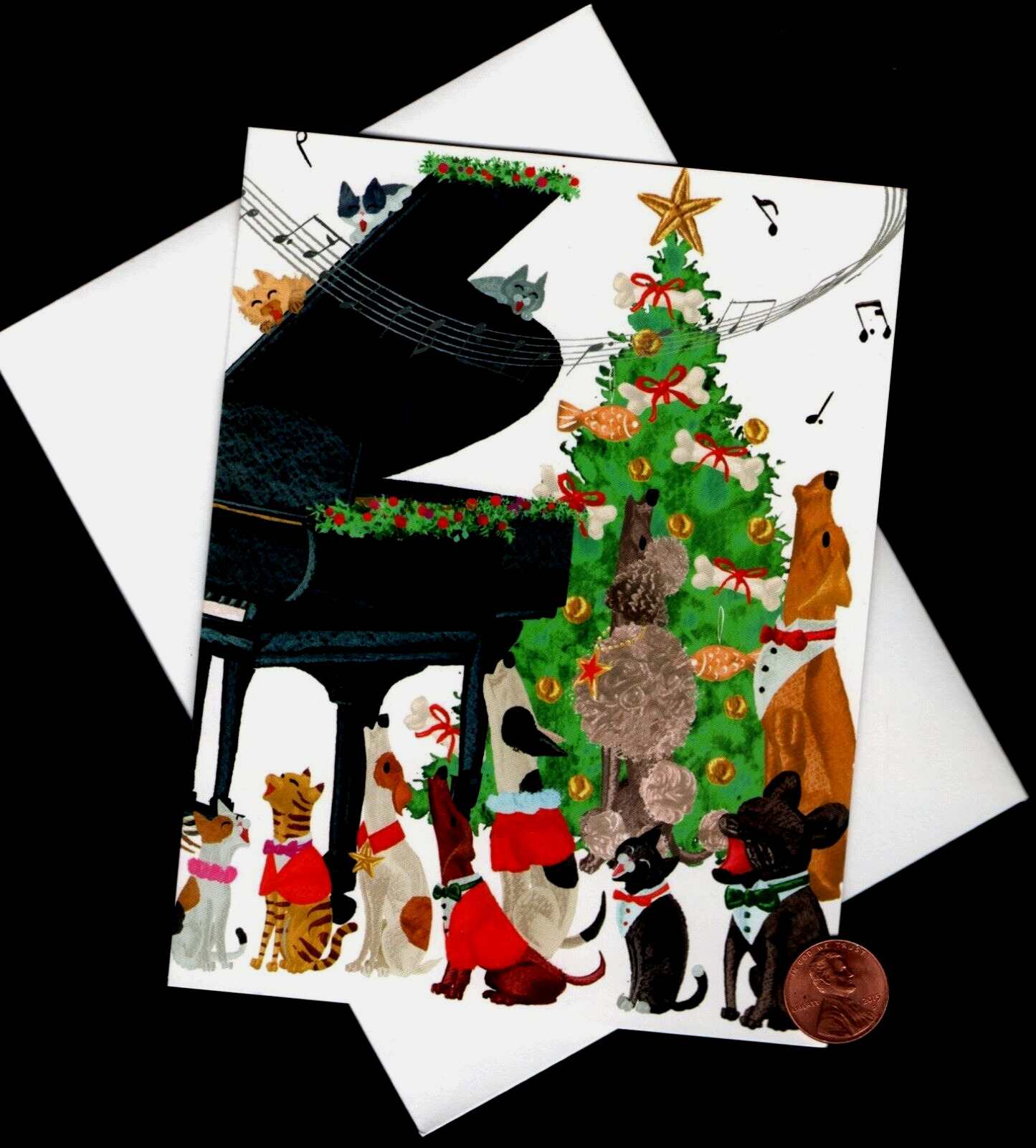 HTF CASPARI Christmas Dogs Cats Piano Tree Bones Singing - Greeting Card