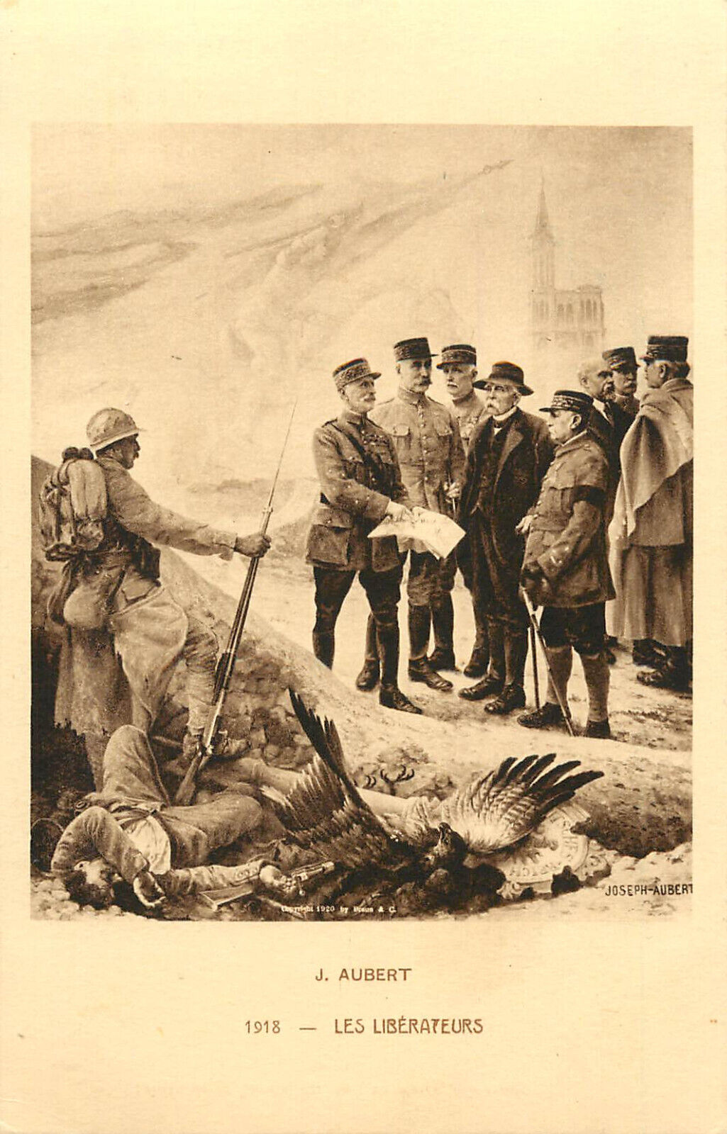 WWI French Postcard Les Liberatuers 1918 J. Aubert Generel Joffre Foch
