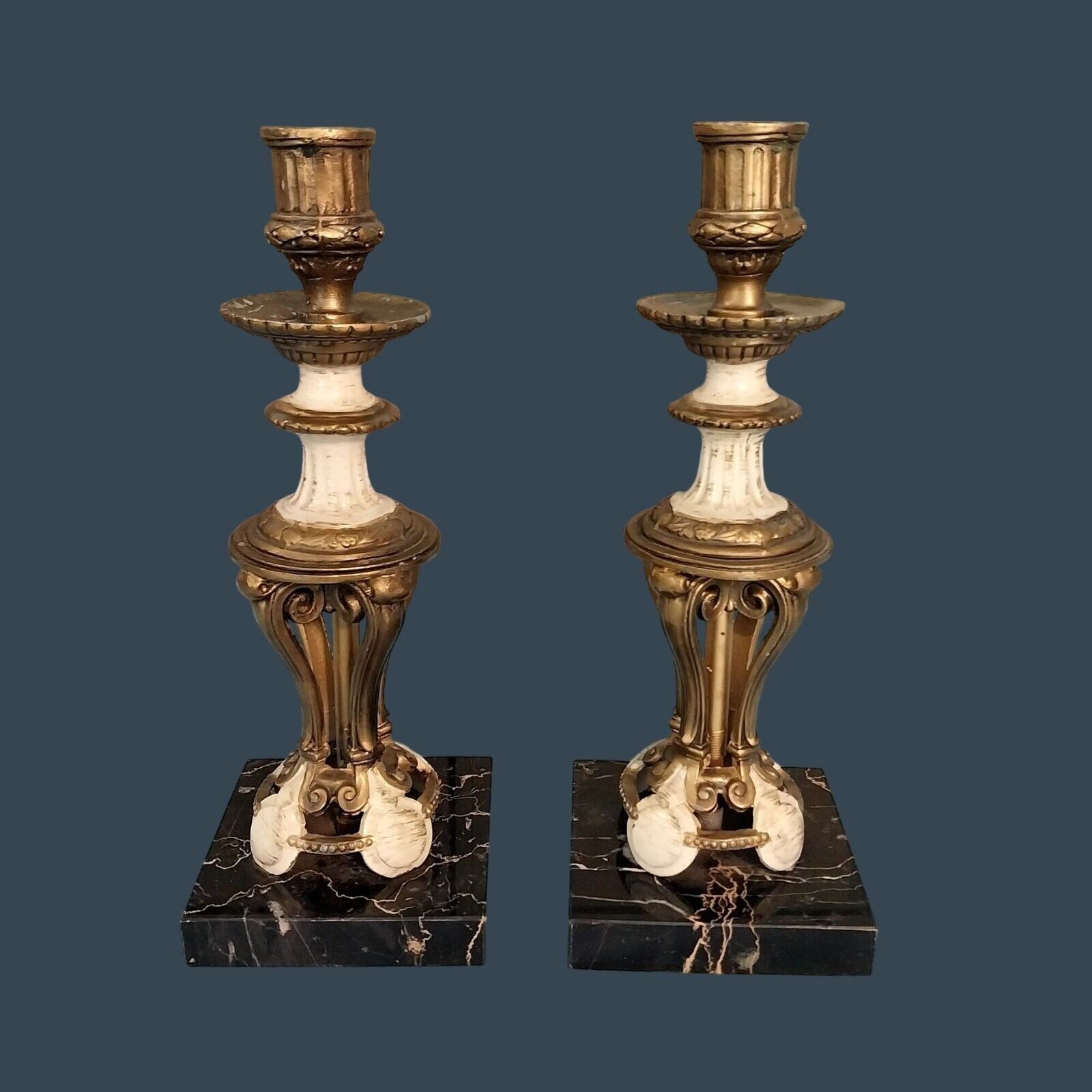 French Empire Style Marble And Brass Brass Candle Holder Vintage Set of 2