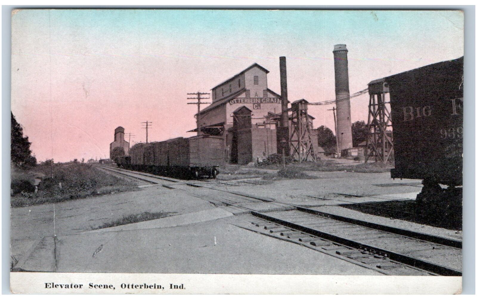 OTTERBEIN, IN Postcard-  GRAIN ELEVATOR SCENE- Railroad Track TIPPECANOE