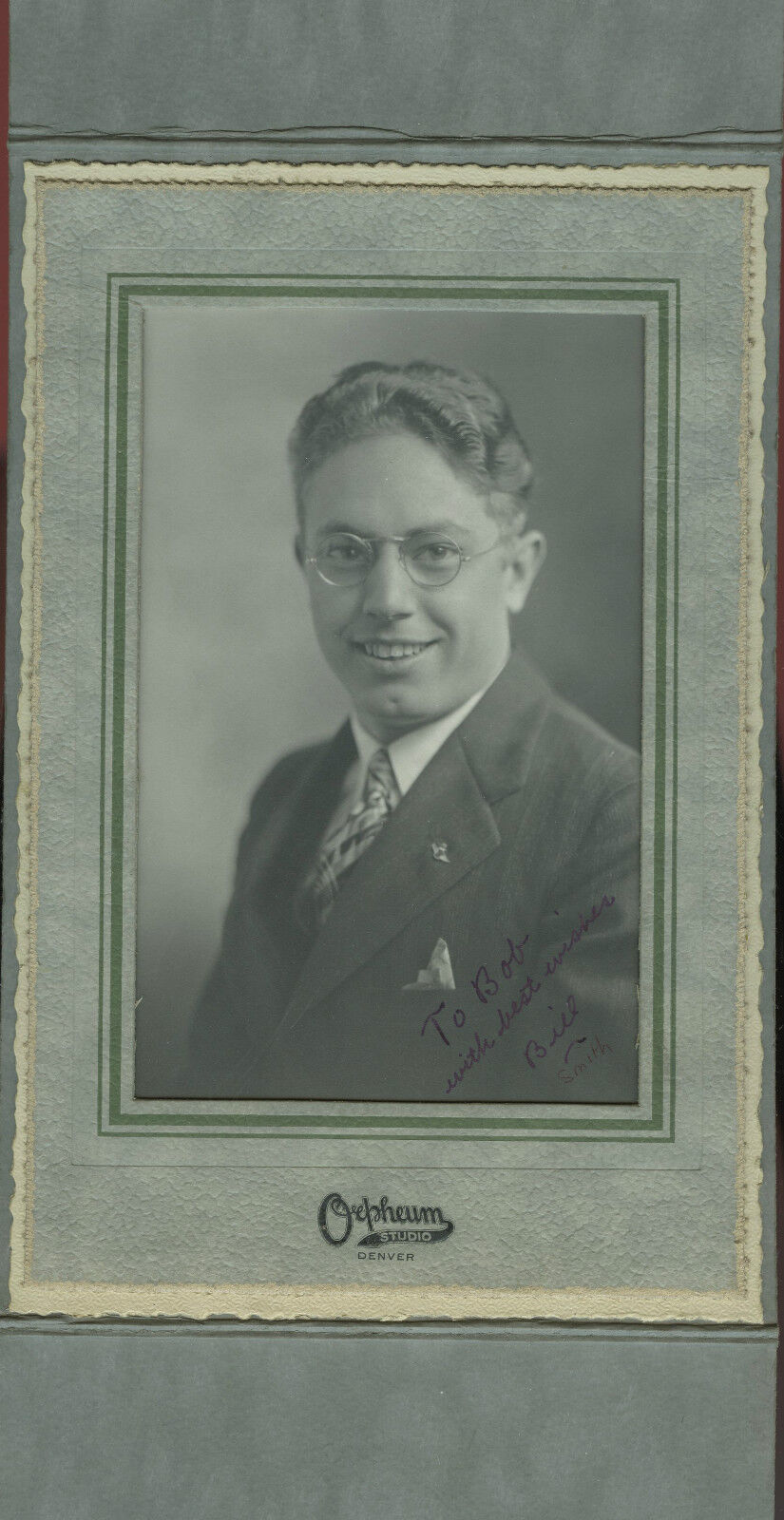 Antique Photo in Folder - Denver, Colorado - Young Smiling Man W/Glasses 