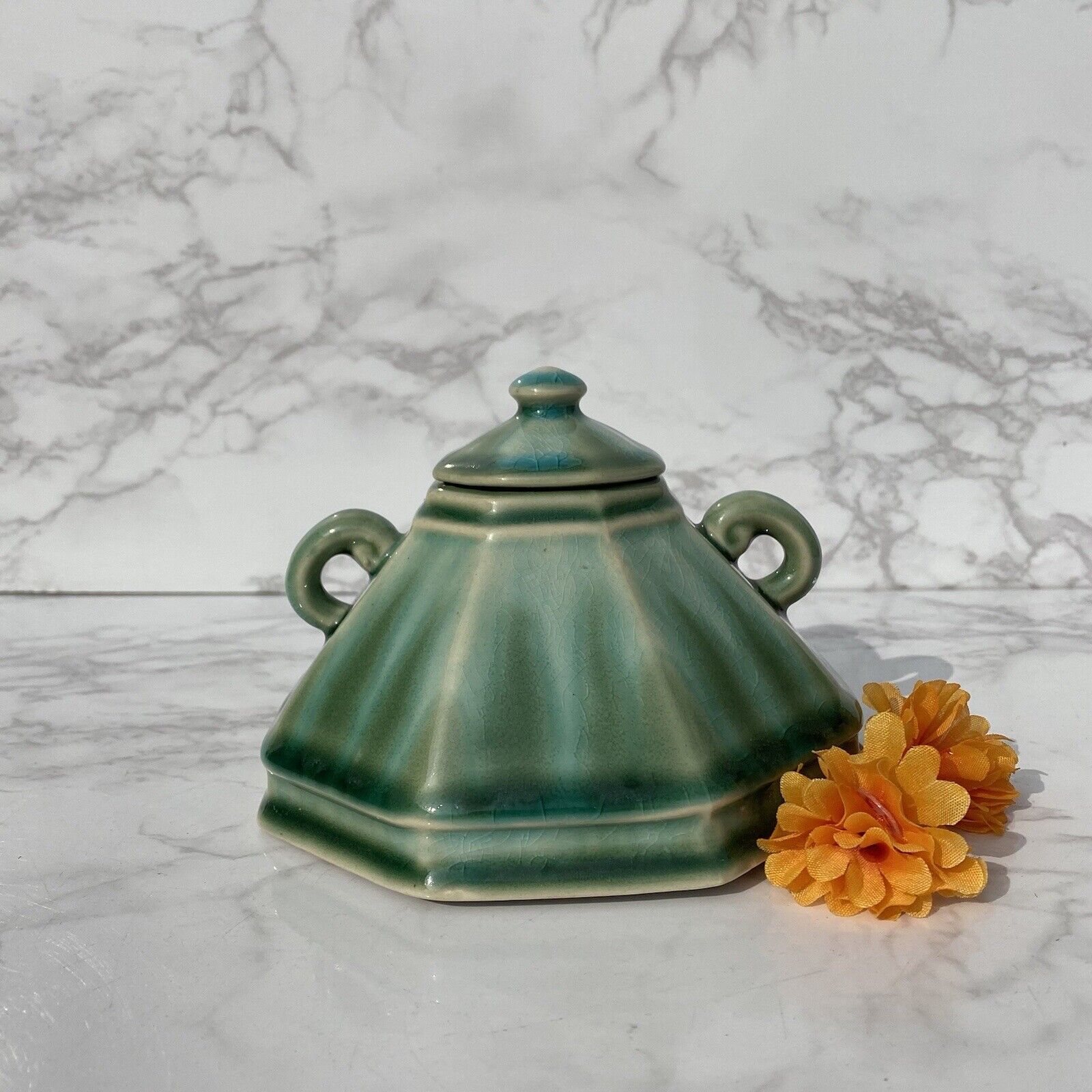 Anthropologie Celadon Bowl with Lid Octagon Shaped Jar with Handles Rare Green