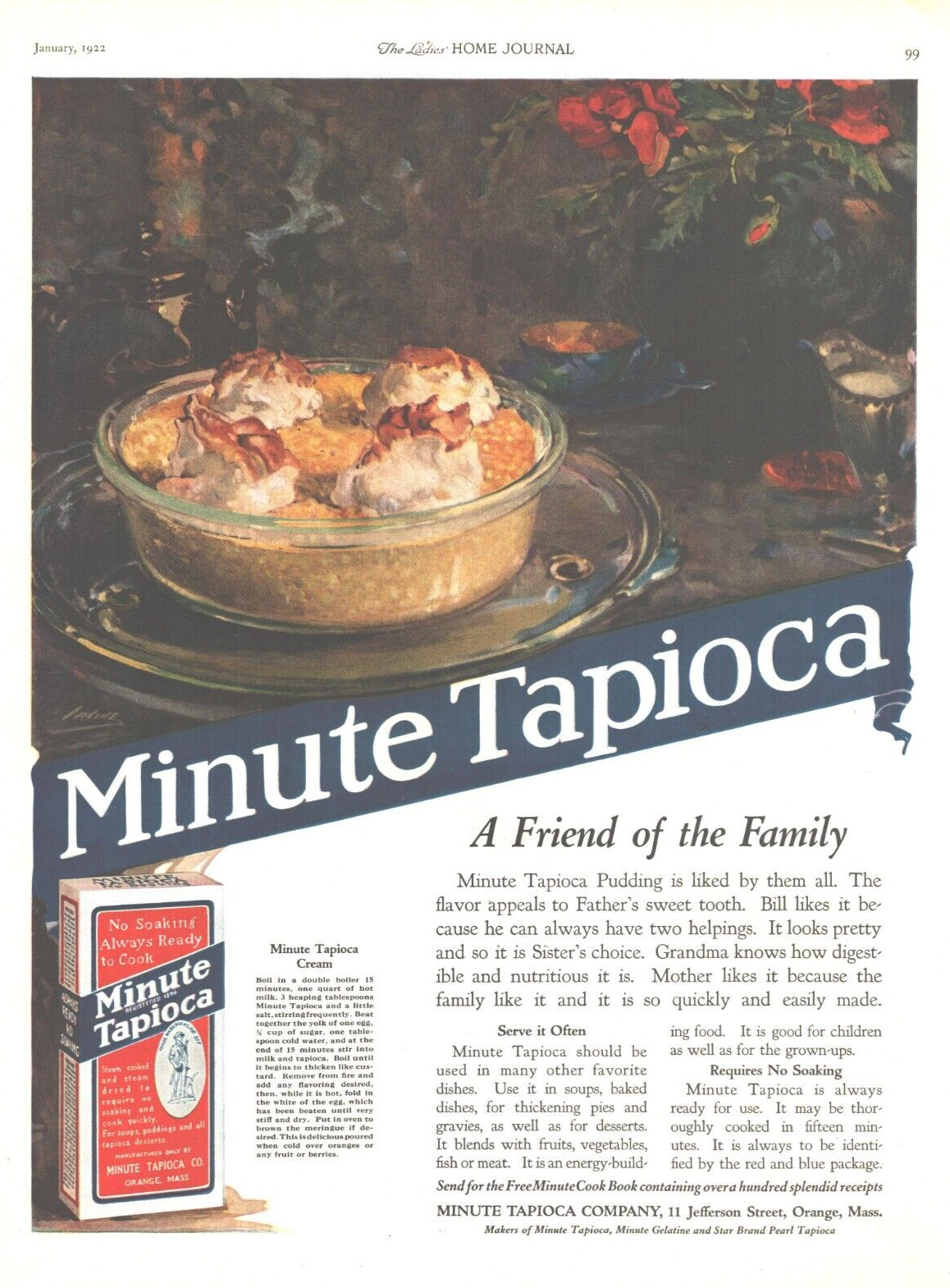 1922 Minute Tapioca Antique Print Ad Pudding Friend Of The Family