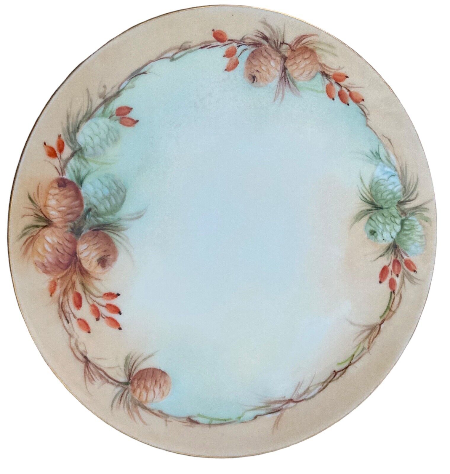 Vintage Gotham Pine Cone Plate Handpainted Austria 7.5” Berries Excellent Winter