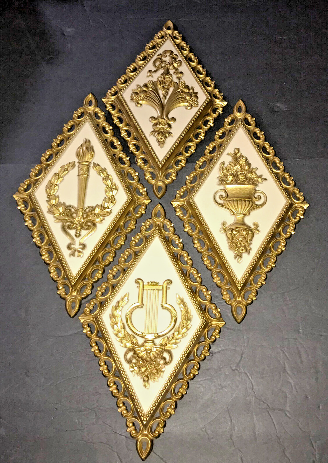 4 Vintage Wall Hanging Plaques Gold Diamond 1971 HOMCO 7224 7225 7226 7227 RETRO