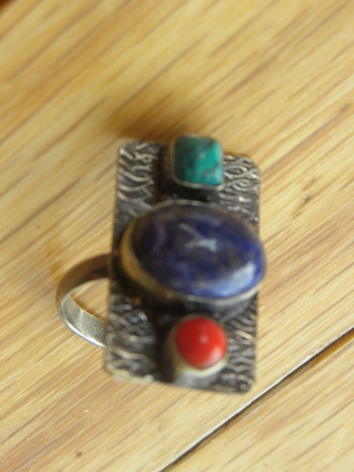 LAPIS, CORAL, TURQUOISE STERLING SILVER RING SZ 8 -1/2 VINTAGE SIGNED