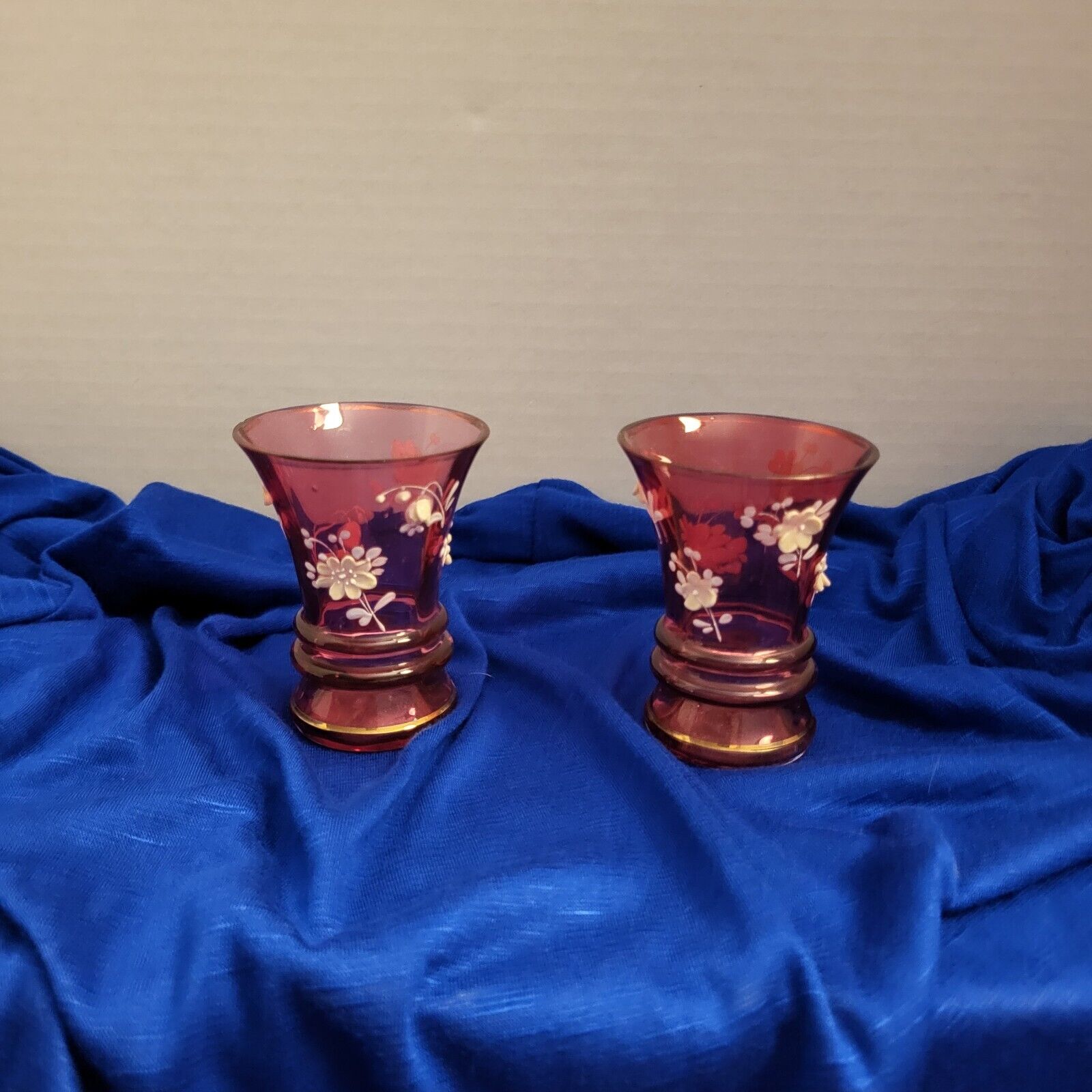 Vintage Pair of Czech Republic Bohemian Cranberry Small Vases 3D Flower Design