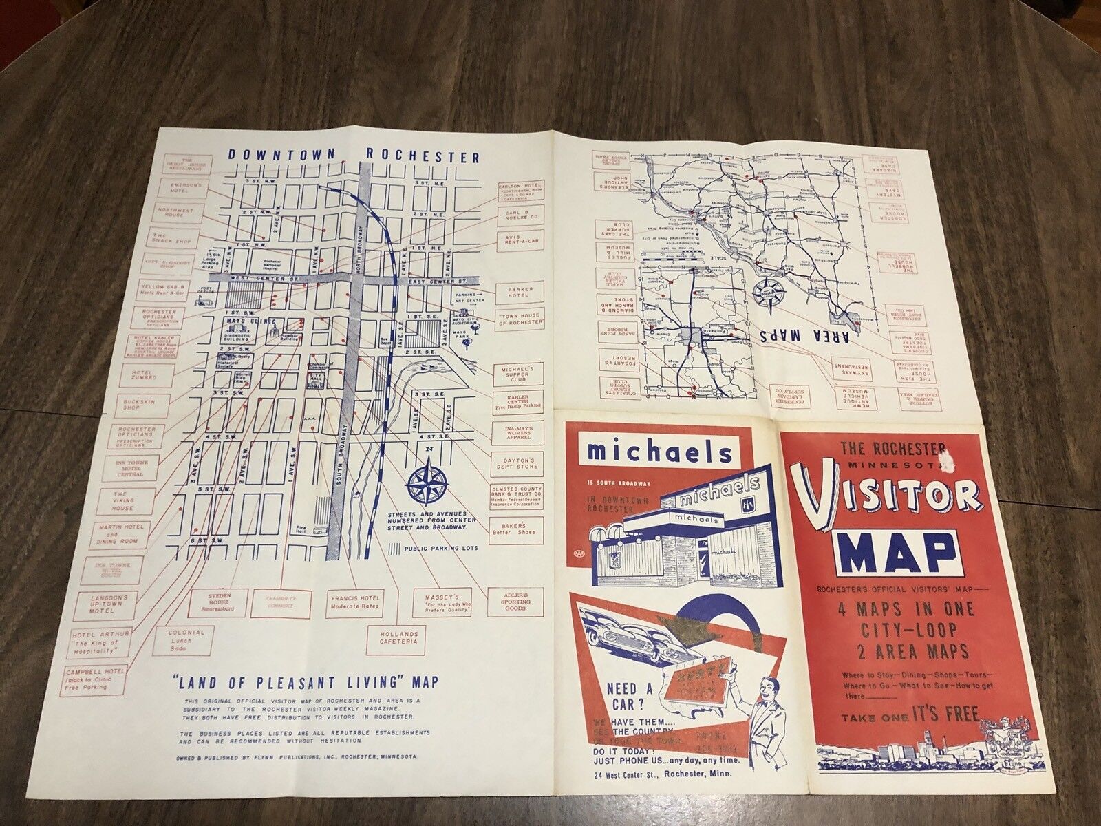 Vintage Rochester Minnesota Visitors Map 18x22.5” 9x6” Folded Mid 20th Century