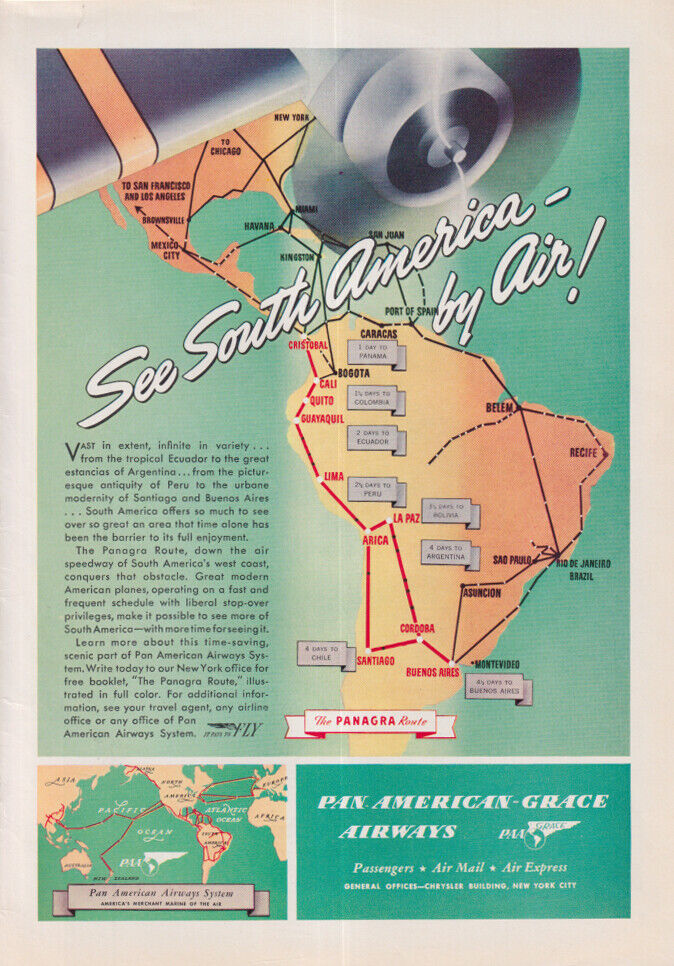 See South America by Air Pan American-Grace Panagra ad 1940 T