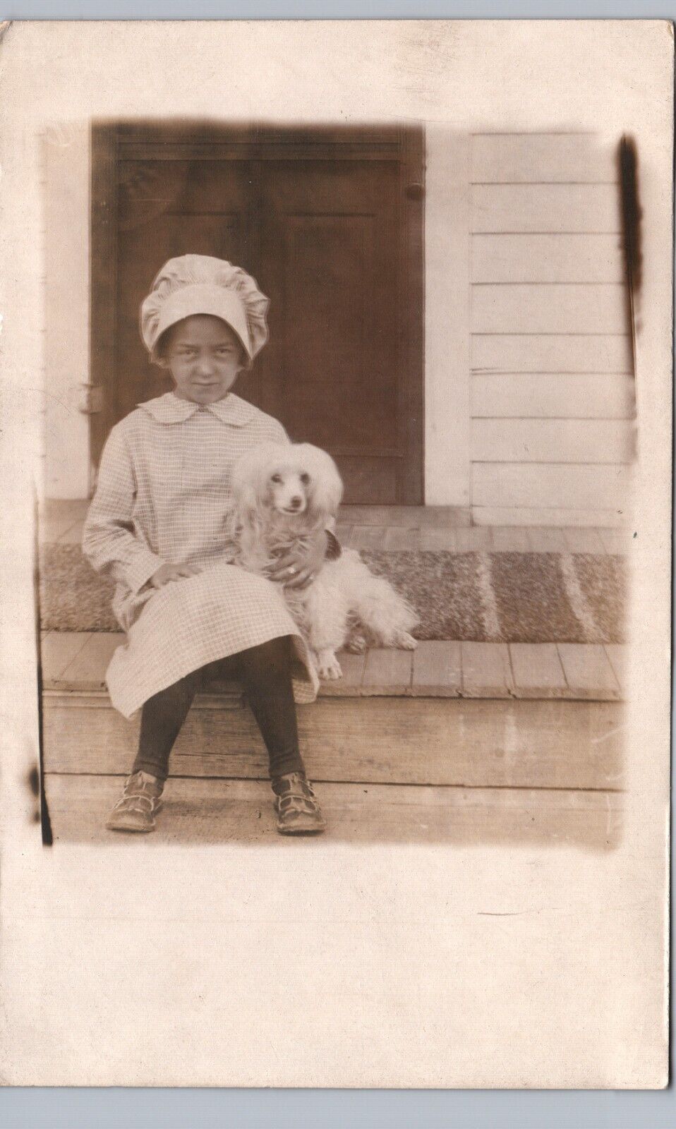 YOUNG GIRL & PET POODLE real photo postcard rppc toy dog great portrait