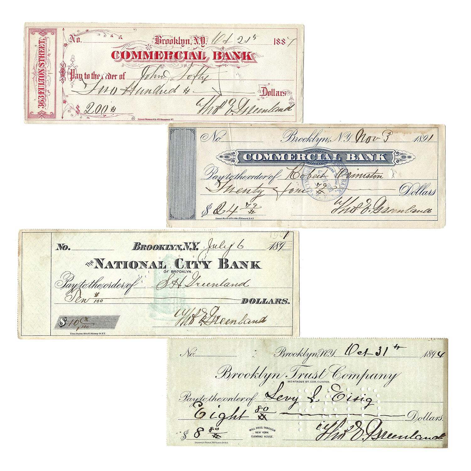 1880's-1890's Vintage Bank Check Lot, Brooklyn, New York Set of Four