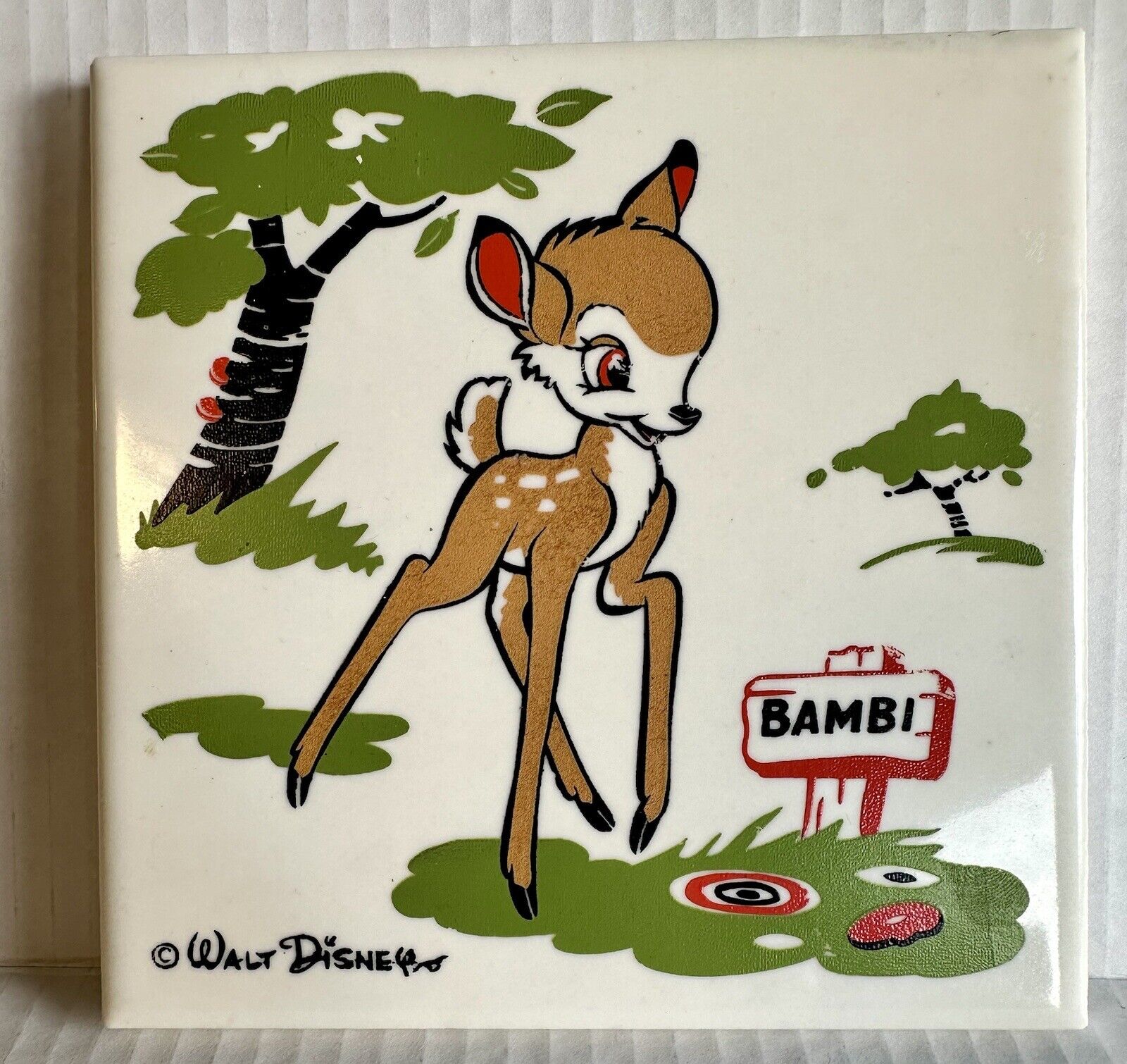 Vintage 1950's  Walt Disney Bambi Kemper Thomas 6” x 6” Ceramic Tile Trivet Rare