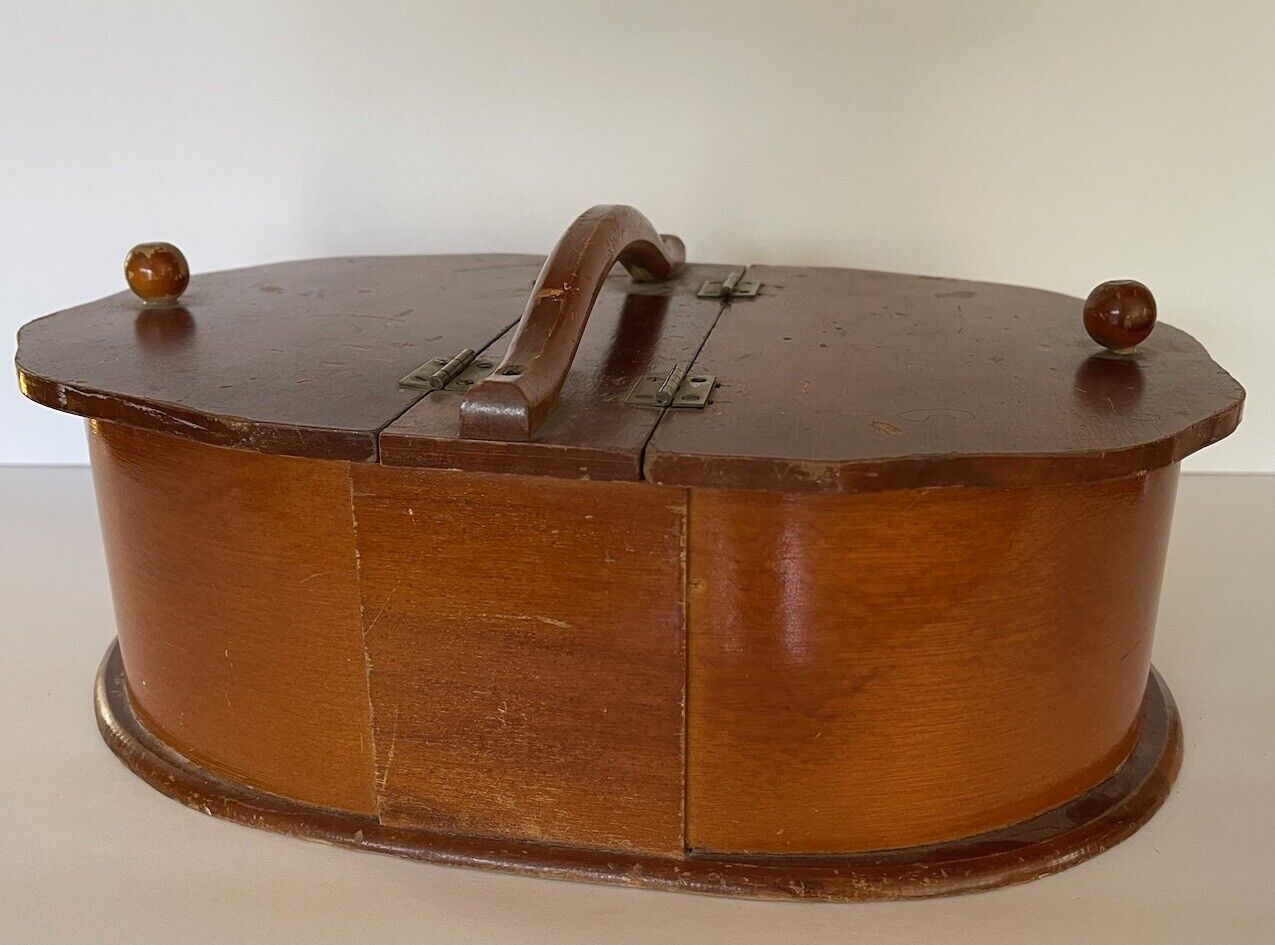 Vintage Cottage Core Oval Bentwood Double Lid Sewing Box W/handle 13.5x8.5x4.5