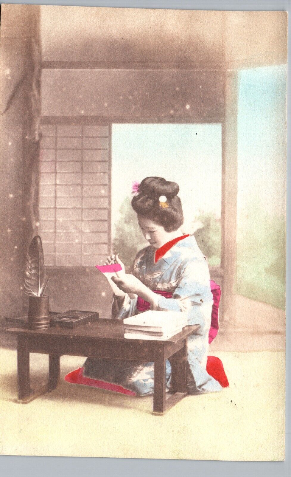 GEISHA WRITING CALLIGRAPHY? japan antique postcard costume cosplay woman