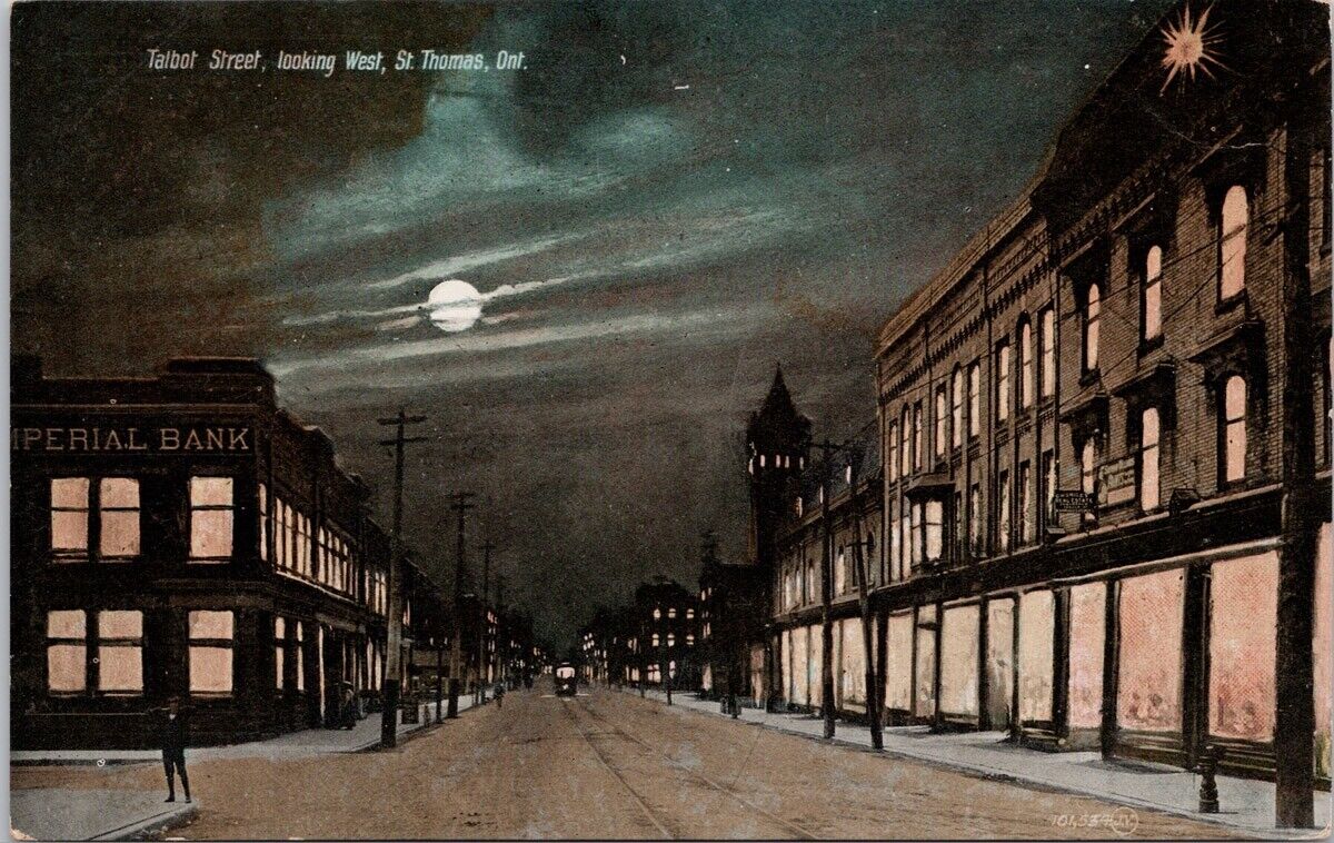 St Thomas Ontario Talbot Street looking West Full Moon ON c1910 Postcard H37