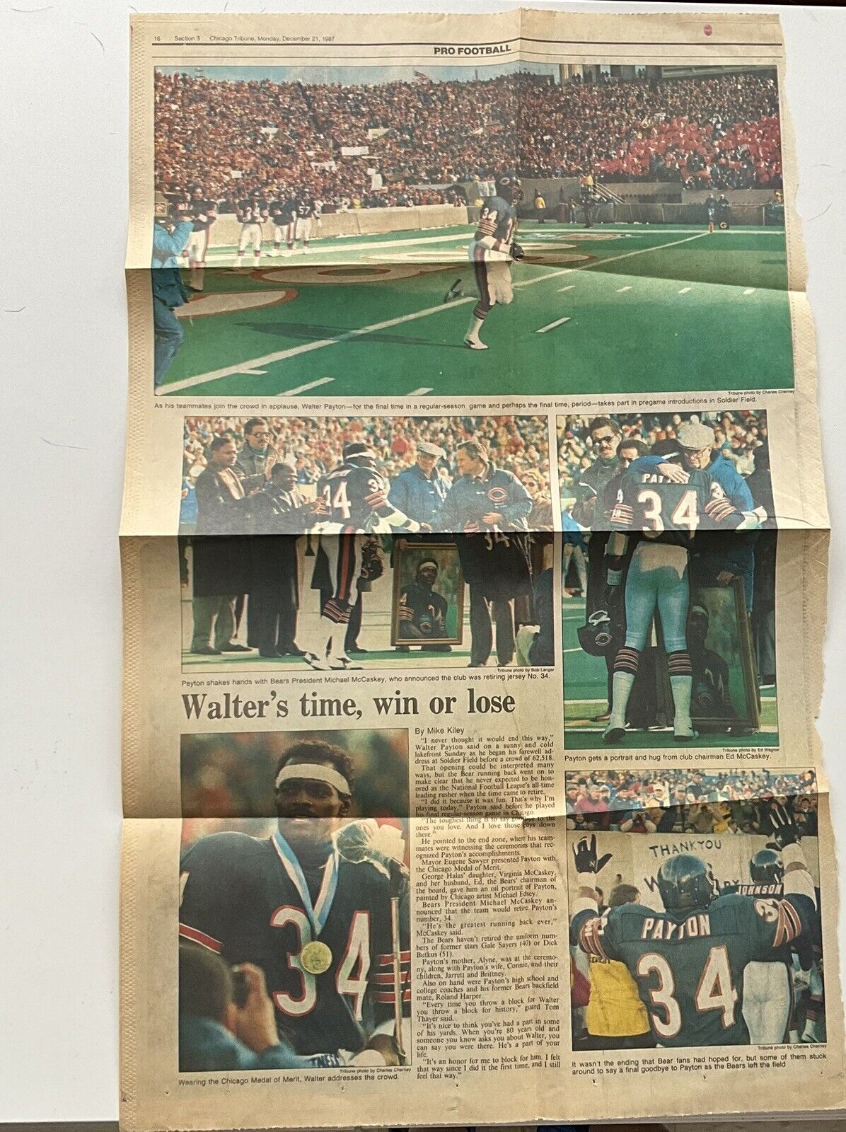 Vintage Football Newspaper Clipping 1993 Walter Payton’s last Game Chicago Bears