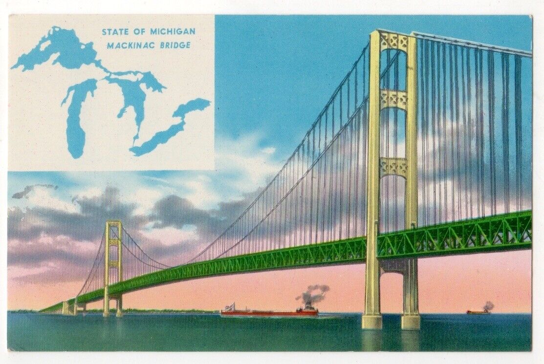 proposed Mackinac Bridge, Michigan Suspension Bridge c1950\'s Great Lakes map