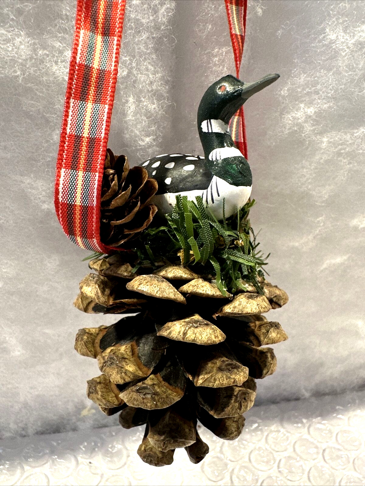 Vintage Hanging Ornament Duck in Nest on Top of Large Pine Cone with Ribbon Hang