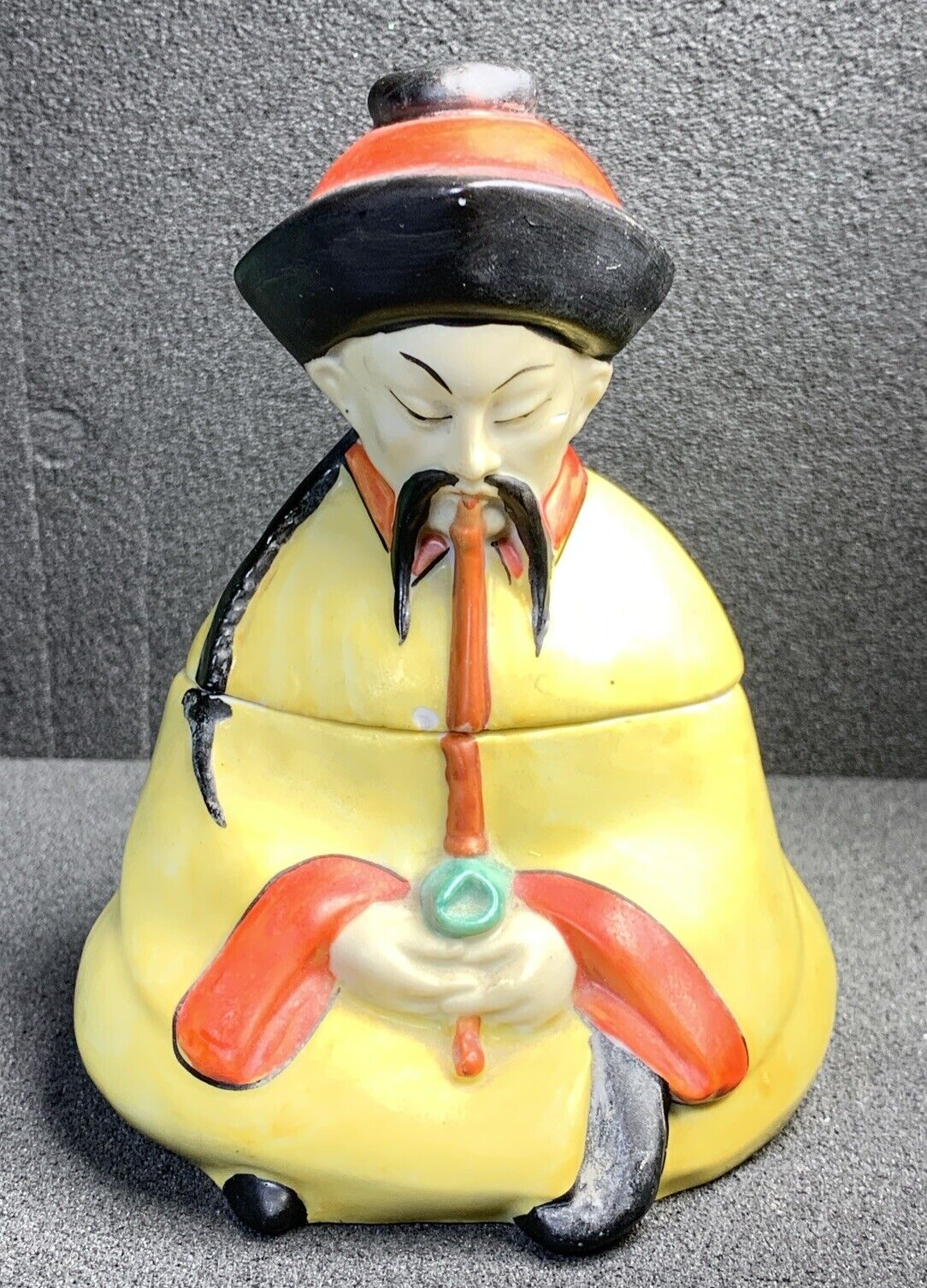 Antique German Porcelain Figural Inkwell Quill Holder, Asian Man Smoking Pipe