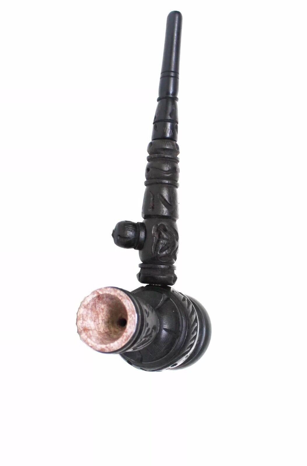 Handcrafted Carved Ebony Wood Tobacco Pipe Hookah Style 3 in 1 Stone Bowl 6.5 In